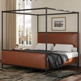 thumbnail image 1 of Christopher Knight Home King Size Canopy Bed Frame with PU Upholstered Headboard, Iron Frame, Brown+Black, 1 of 10