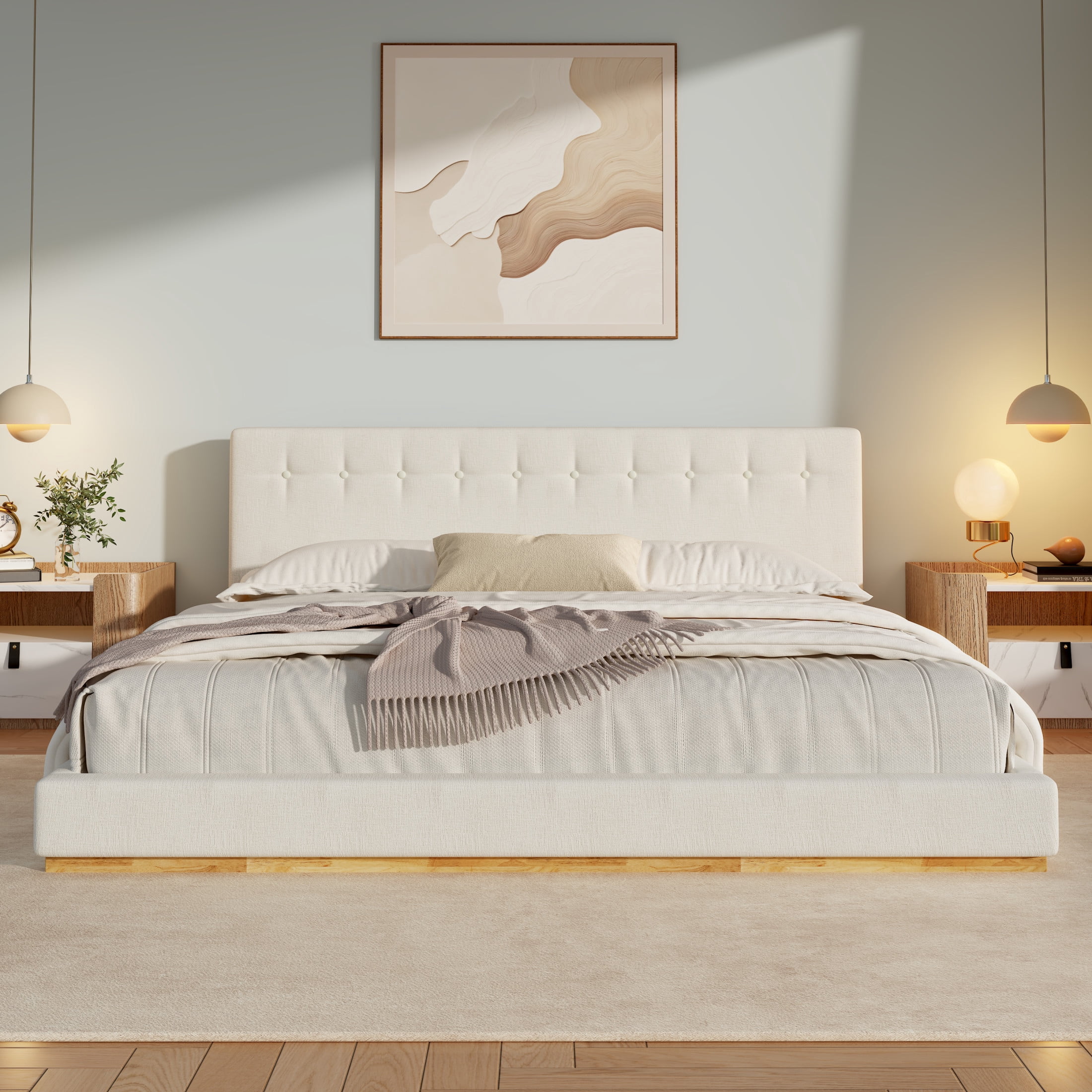 Christopher Knight Home King Size Minimalist Bed Frame with Chenille Headboard, Solid Wood, White