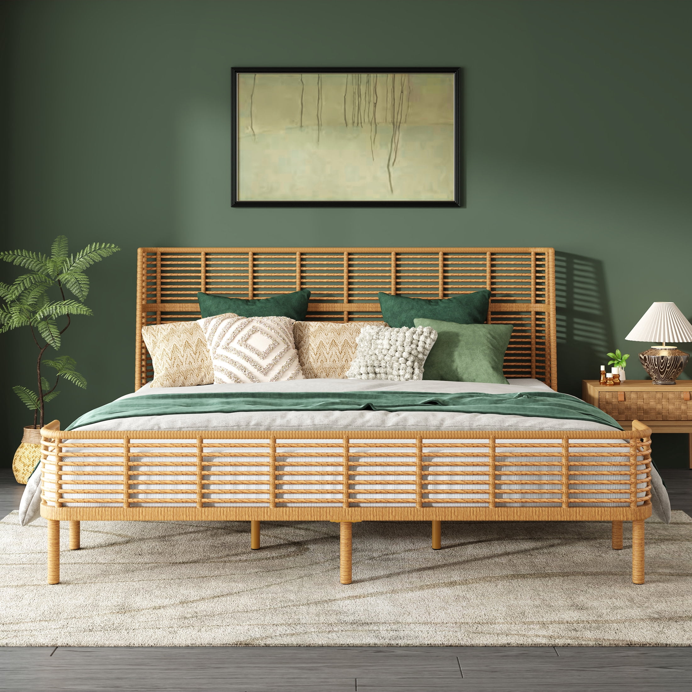 Christopher Knight Home King Size PE Wicker Bed Frame, Wingback, Metal Support, No Box Spring, Natural