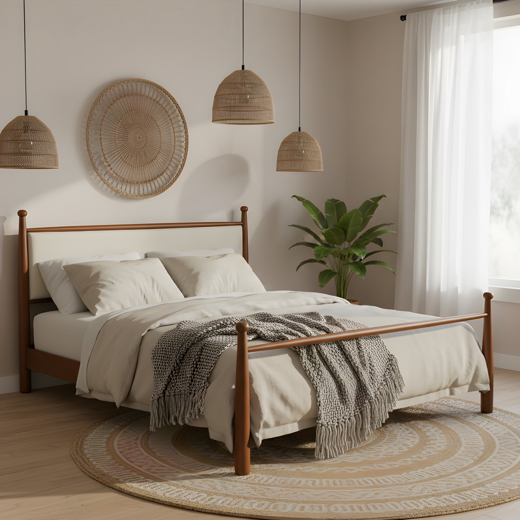 Christopher Knight Home King Size Traditional Bed Frame with Upholstered Headboard, Walnut+Beige