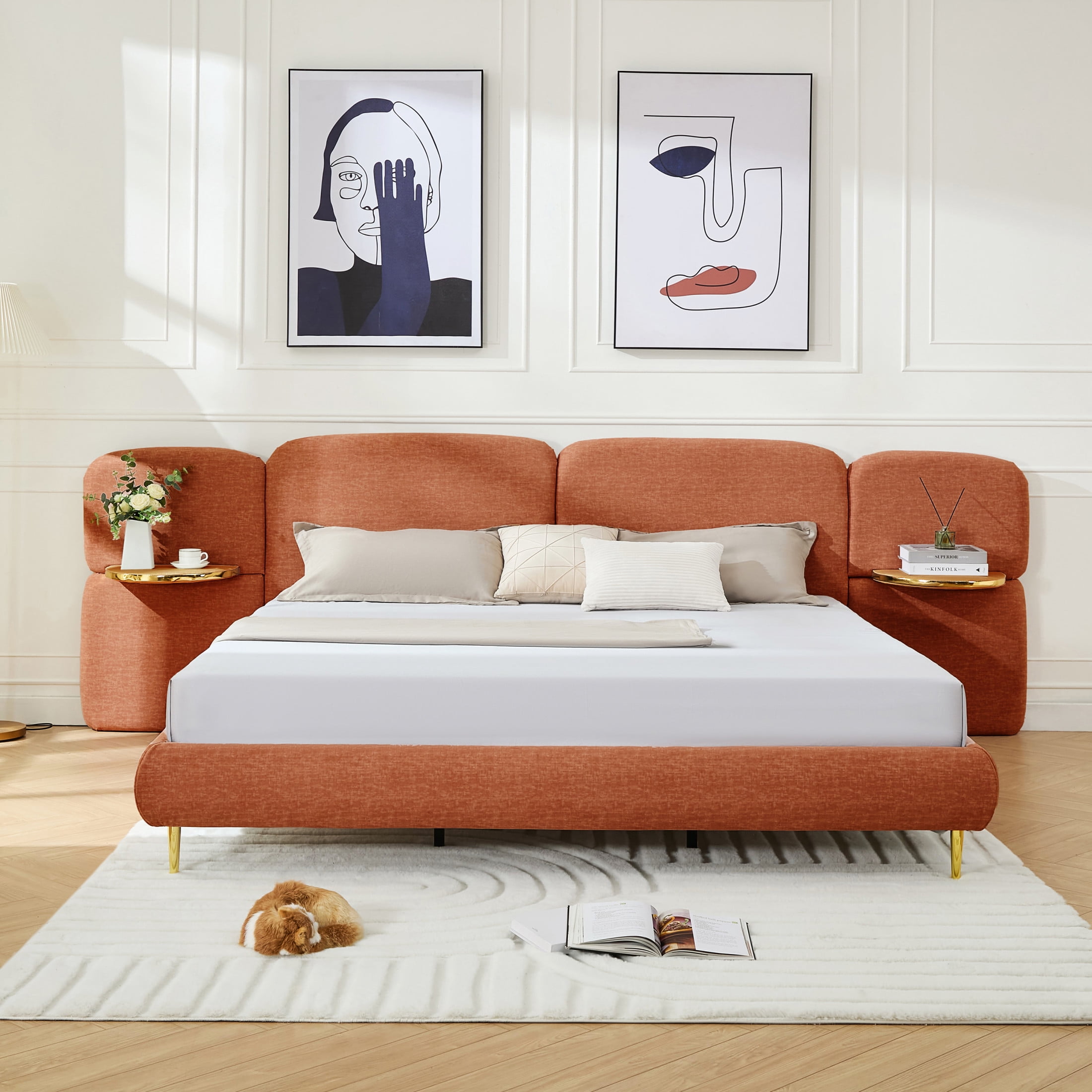 Christopher Knight Home King Size Upholstered Platform Bed Frame with Headboard and Nightstands, Orange