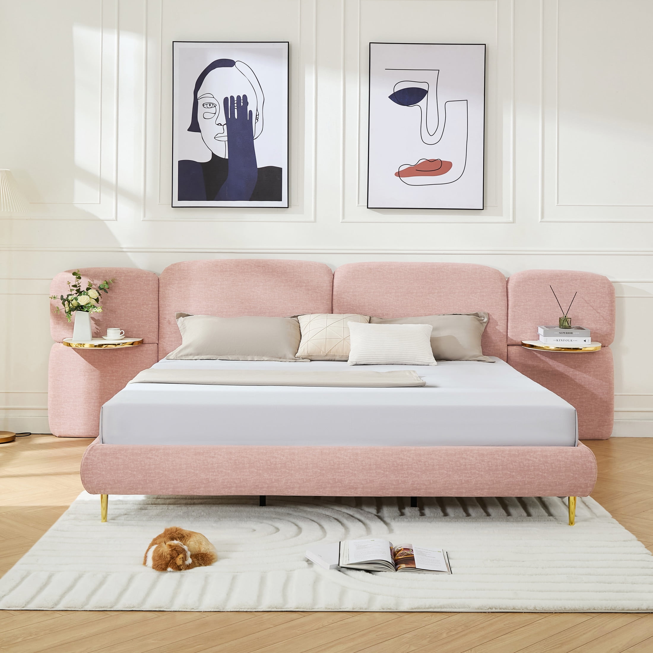 Christopher Knight Home King Size Upholstered Platform Bed Frame with Headboard and Nightstands, Pink