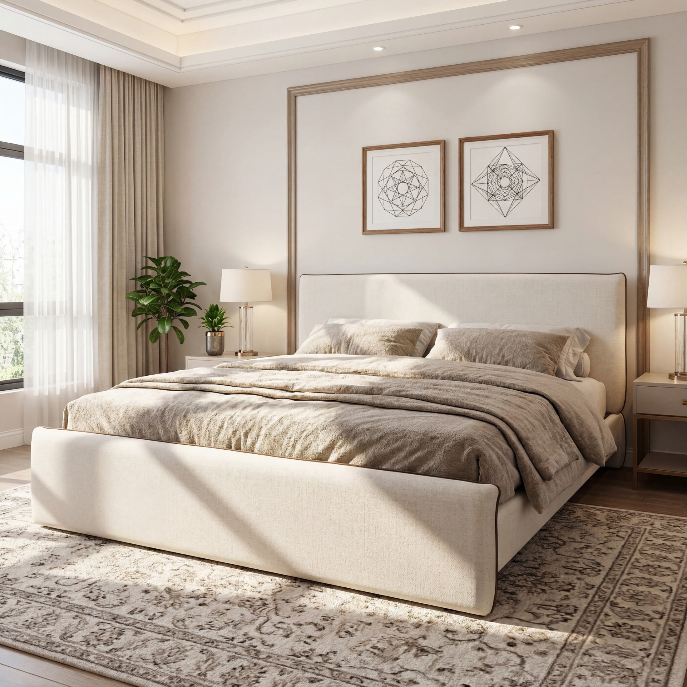 Christopher Knight Home King Size Upholstered Platform Bed Frame with Linen Fabric, Thick Headboard, Beige