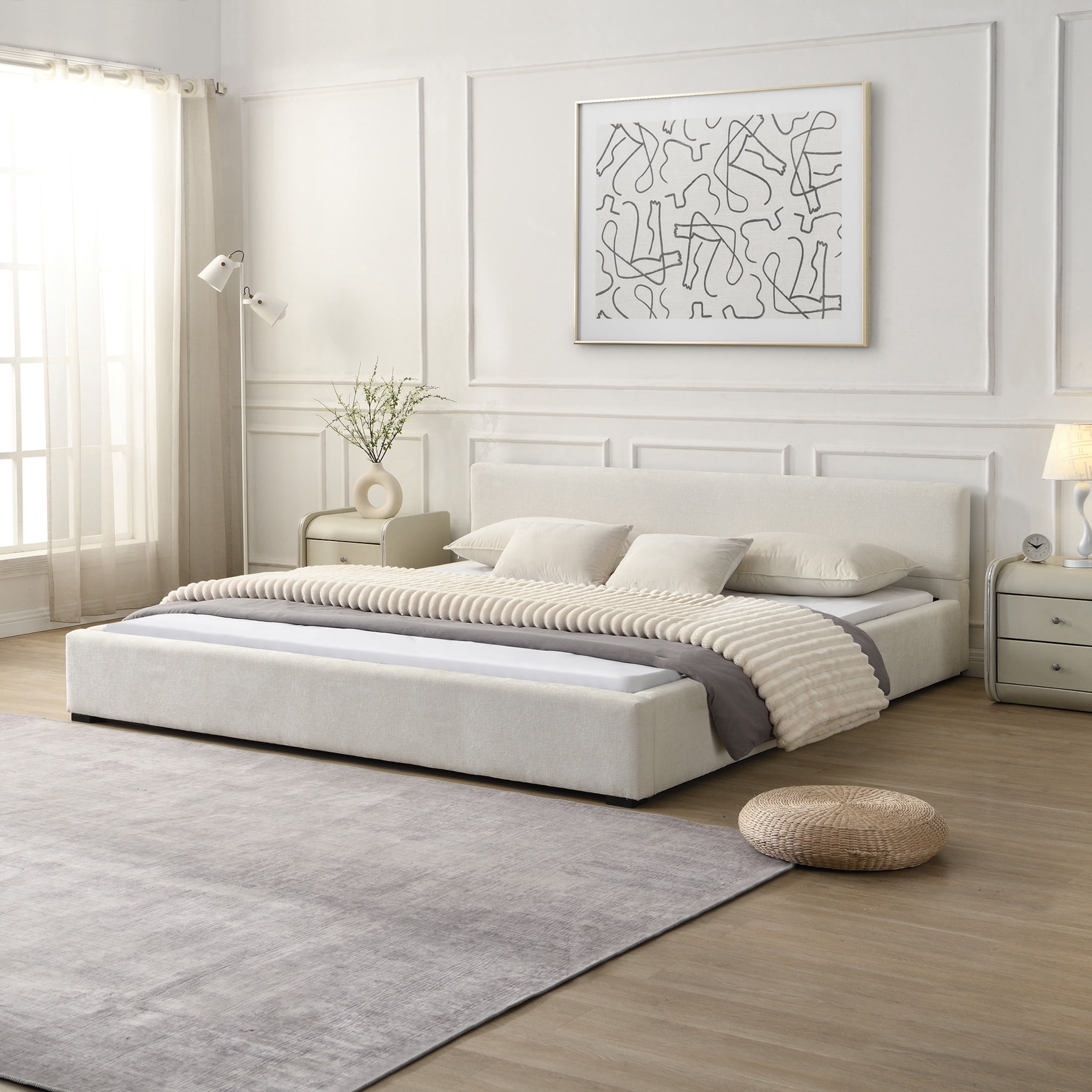 Christopher Knight Home King Size Upholstered Platform Bed with Headboard, Solid Wood Frame, Beige