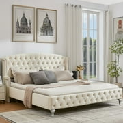 Christopher Knight Home King Size Velvet Upholstered Bed Frame, Wingback Headboard, Diamond Tufted, Cream