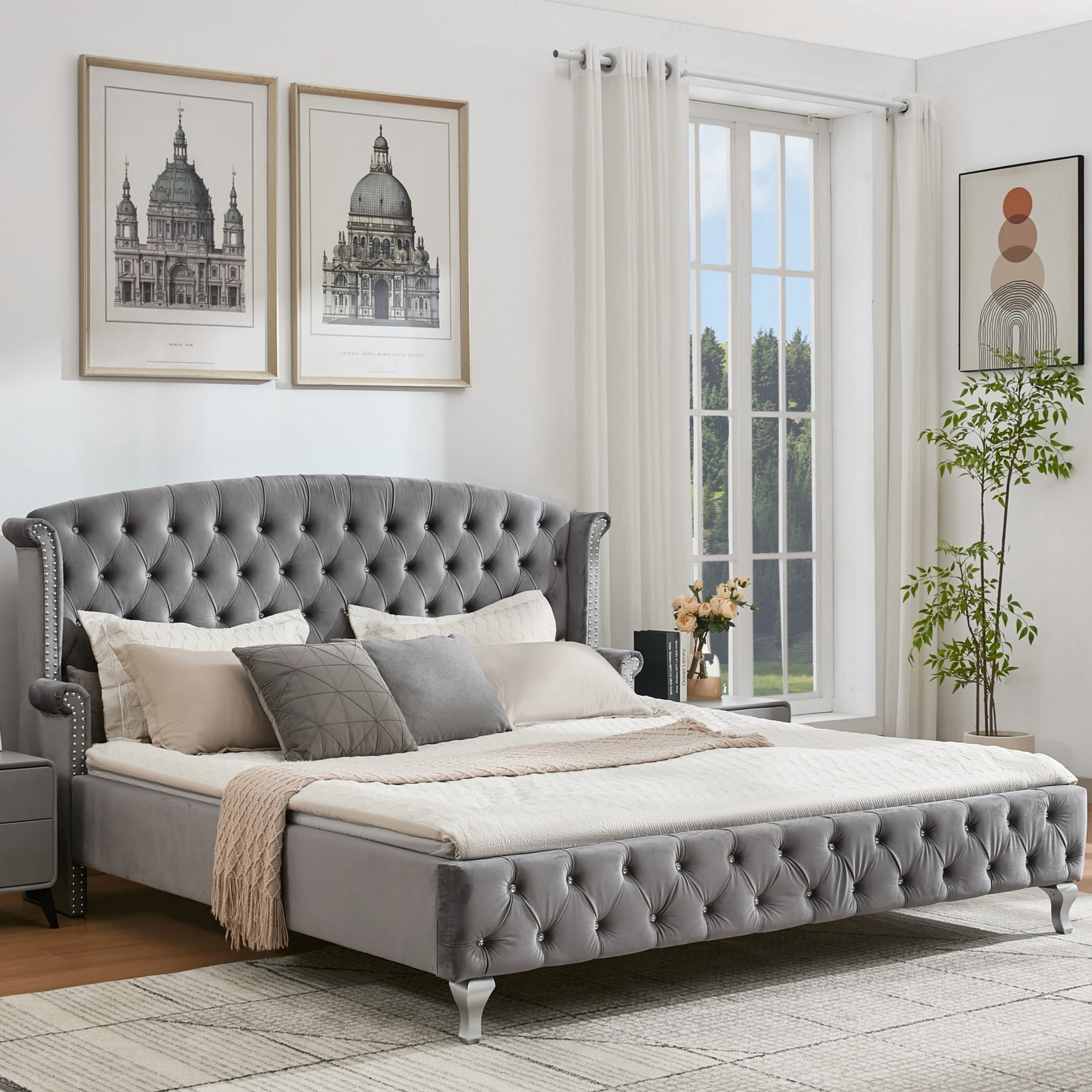 Christopher Knight Home King Size Velvet Upholstered Bed Frame, Wingback Headboard, Diamond Tufted, Dark Gray