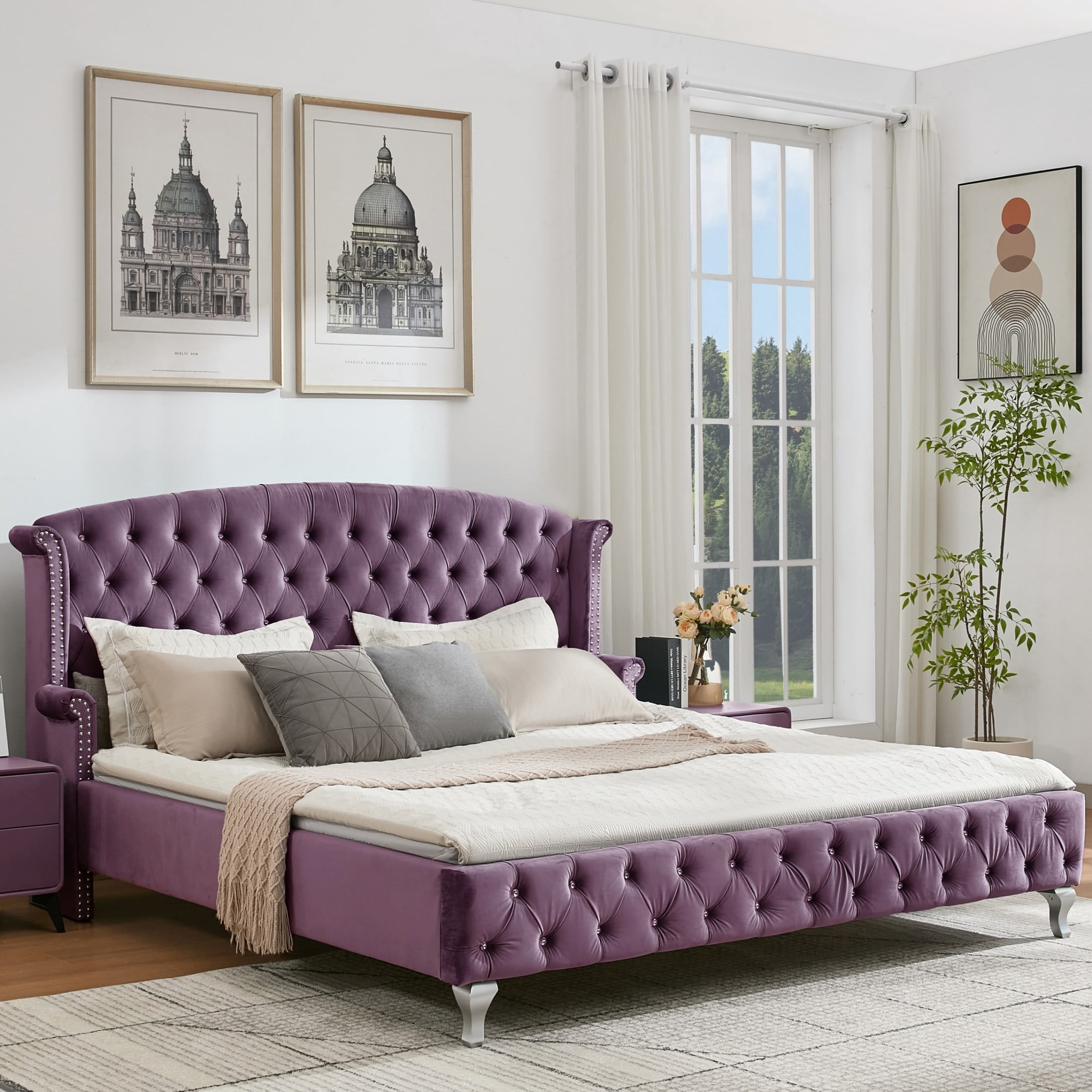 Christopher Knight Home King Size Velvet Upholstered Bed Frame, Wingback Headboard, Diamond Tufted, Purple