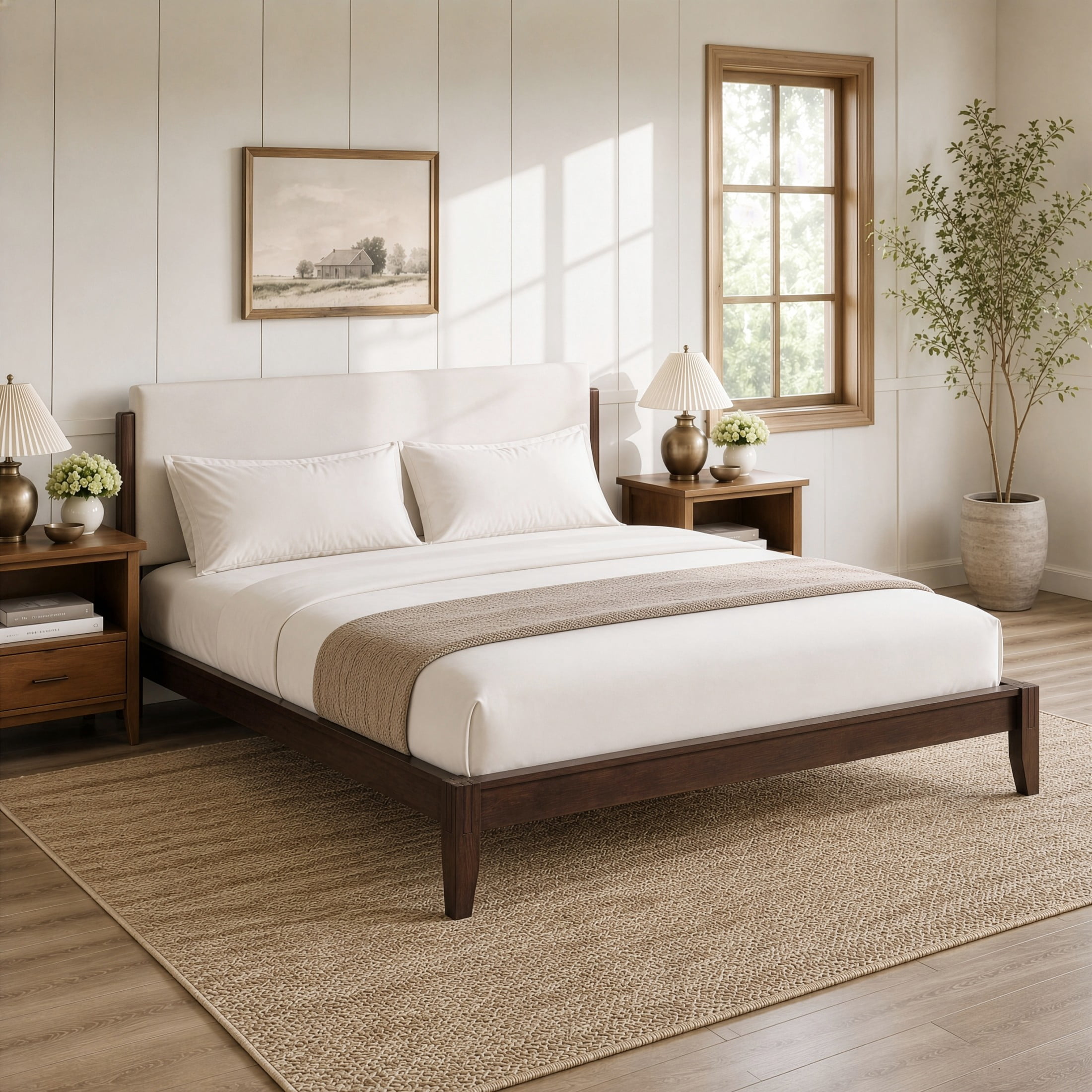 Christopher Knight Home King Solid Wood Platform Bed Frame with Velvet Upholstered Headboard, Walnut