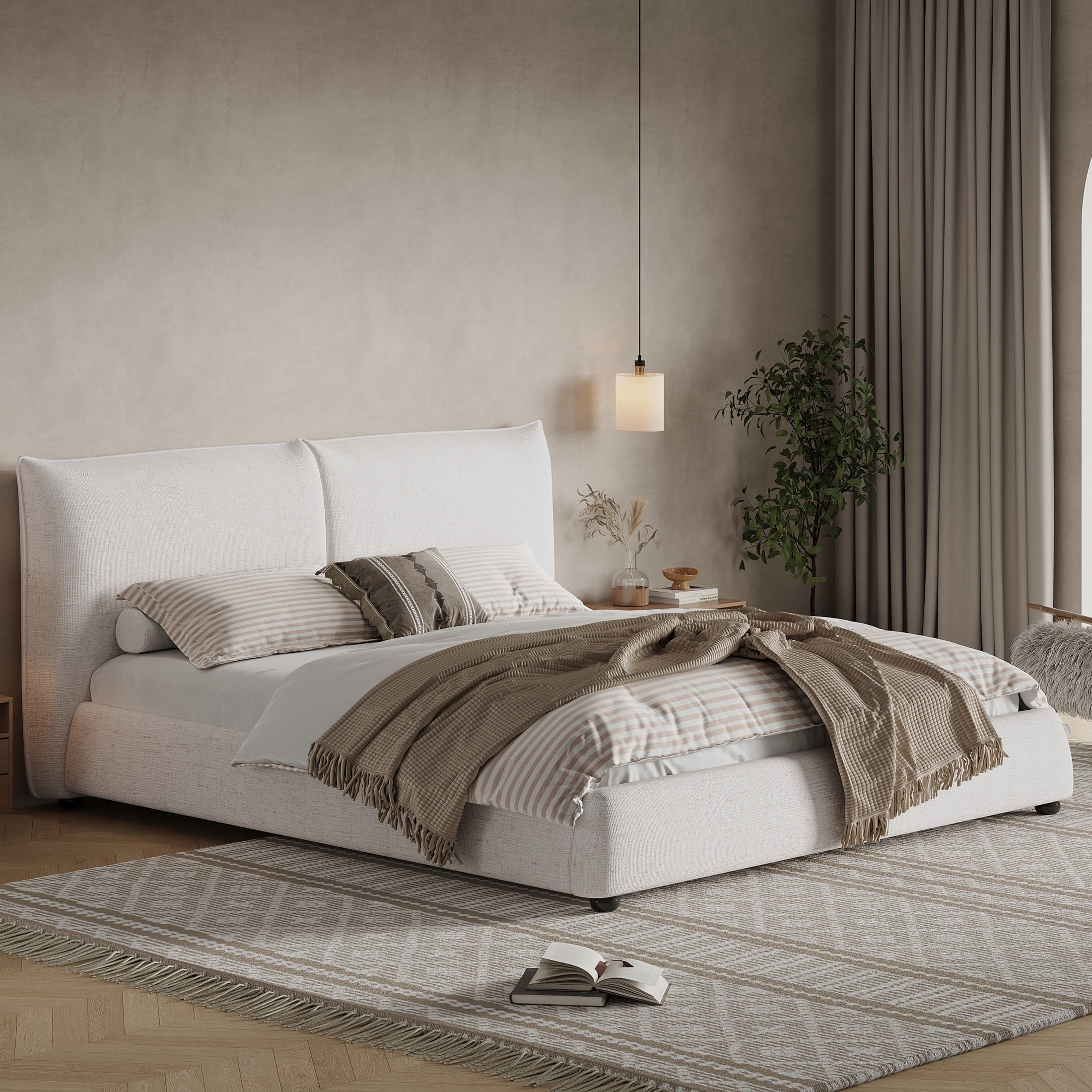 Christopher Knight Home King Upholstered Bed Frame, Linen Fabric Pillow-Back Headboard, Solid Wood Frame, Beige