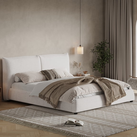 Christopher Knight Home King Upholstered Bed Frame, Linen Fabric Pillow-Back Headboard, Solid Wood Frame, Beige