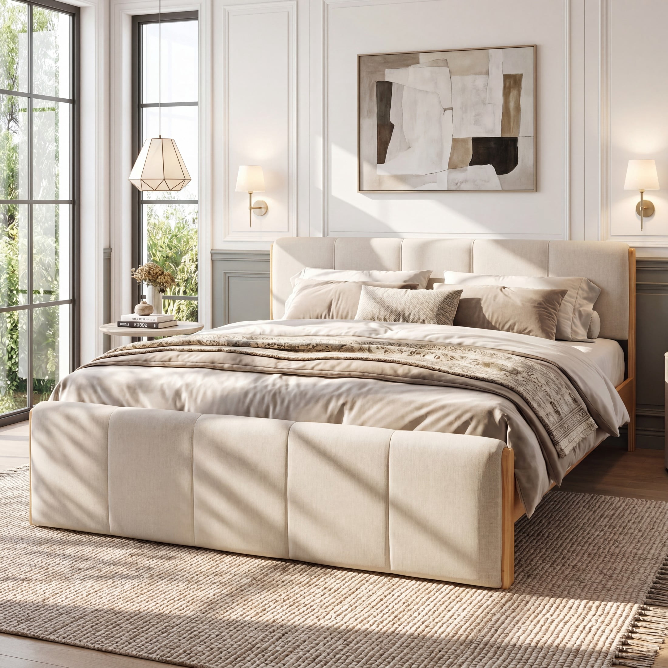 Christopher Knight Home King Upholstered Bed Frame, Platform Bed with Wood Trim, White + Natural