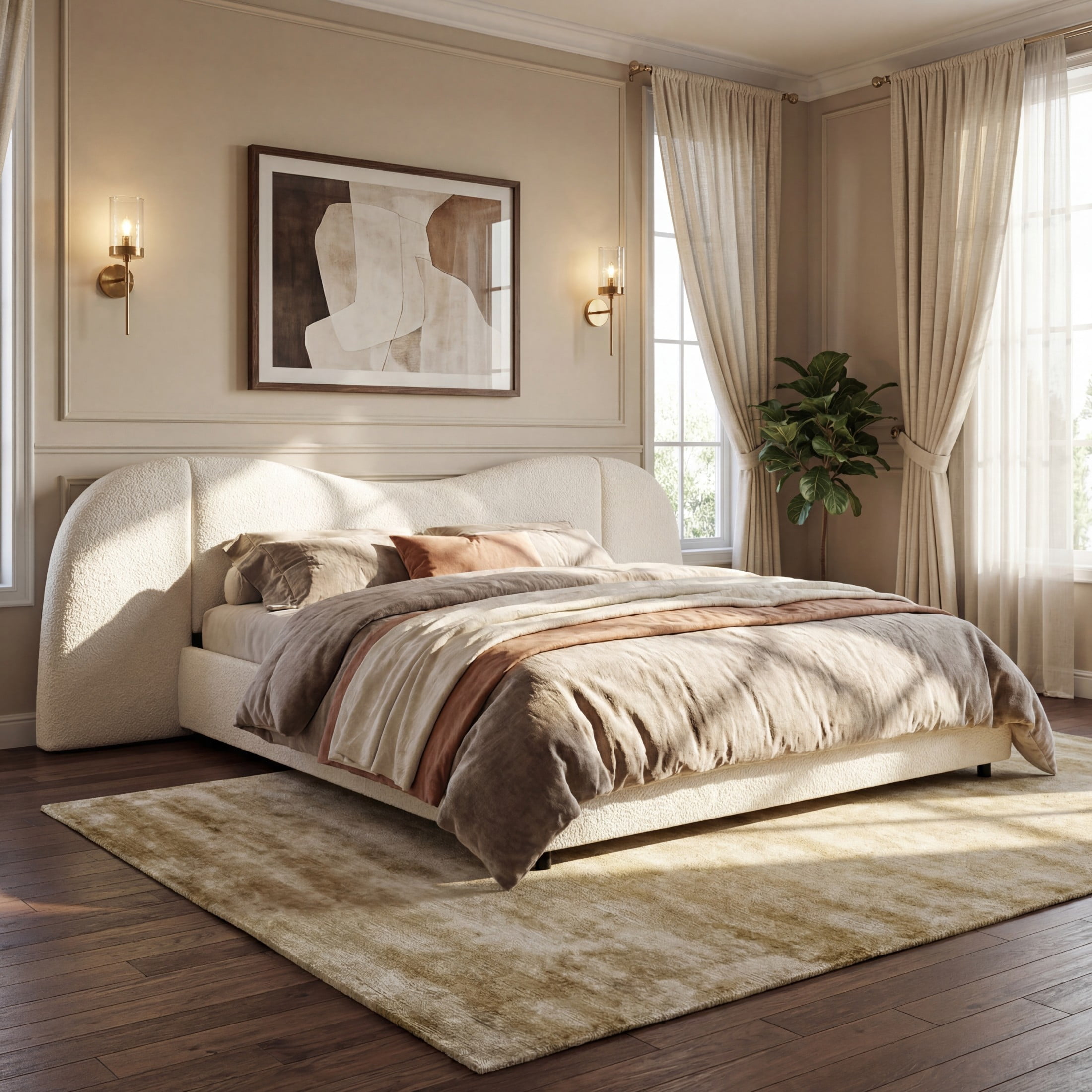 Christopher Knight Home King Upholstered Bed Frame with Curved Wide Headboard, Off White