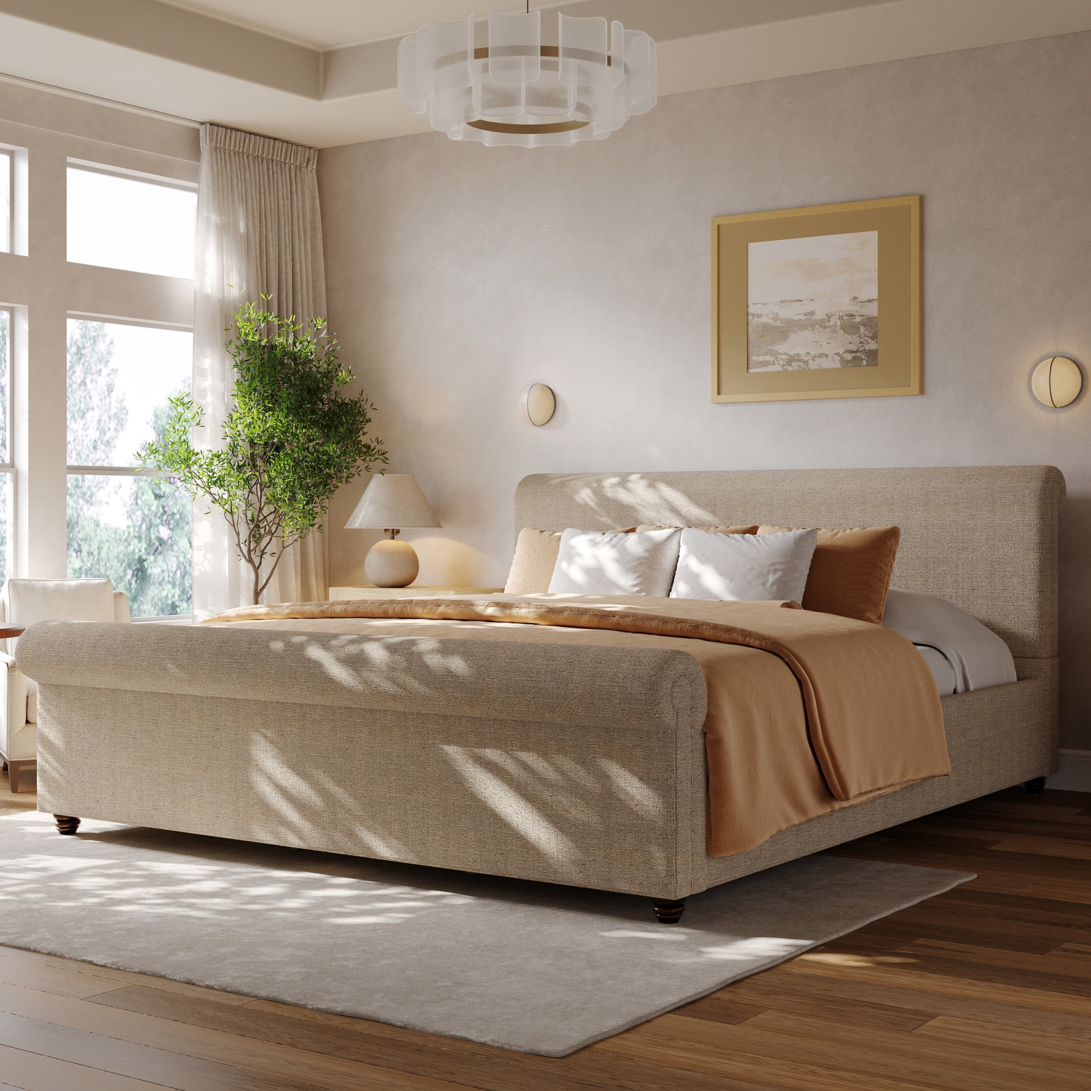 Christopher Knight Home King Upholstered Bed Frame with Linen Fabric, Rolled Headboard, Sand