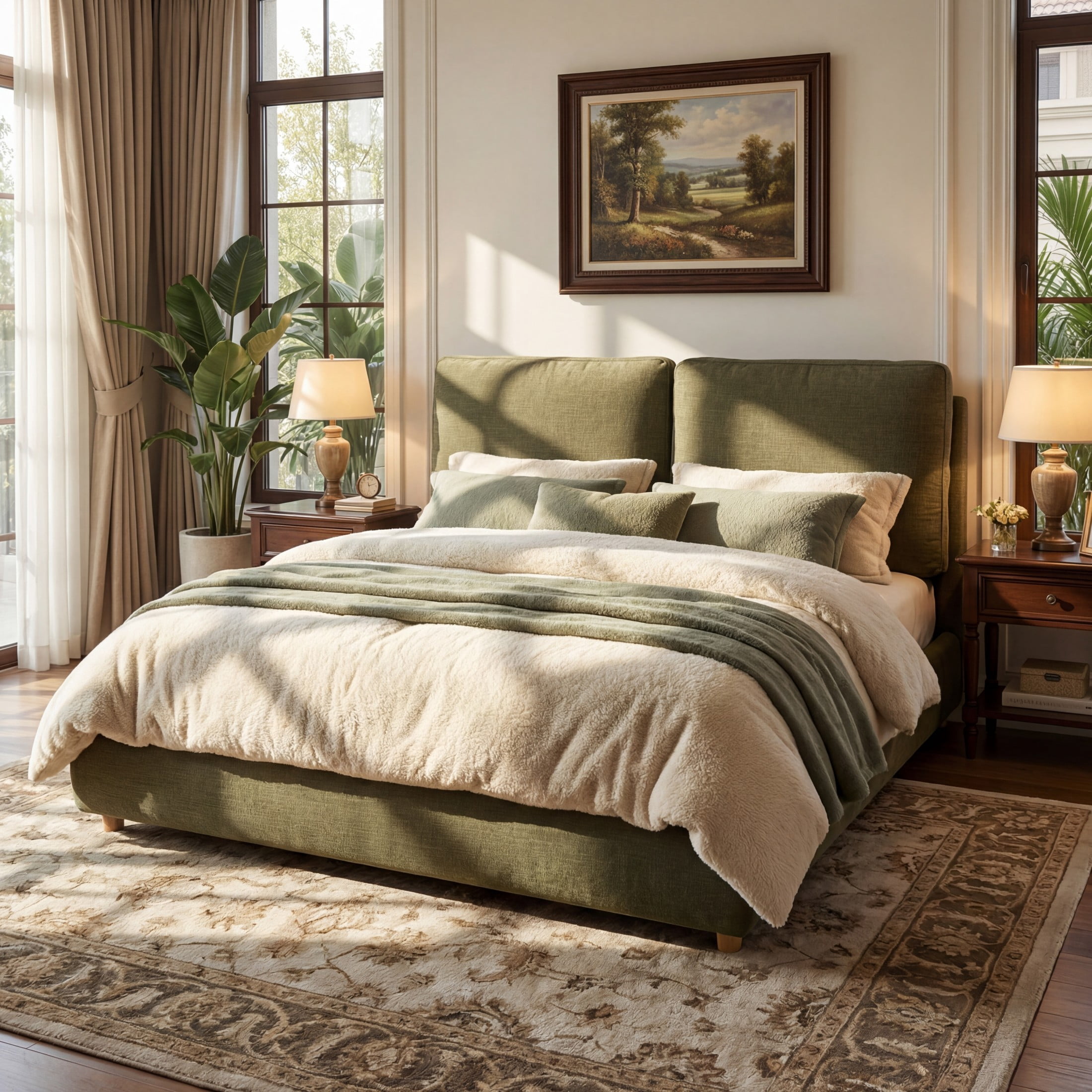 Christopher Knight Home King Upholstered Bed Frame with Removable Pillow Headboard, Olive Green