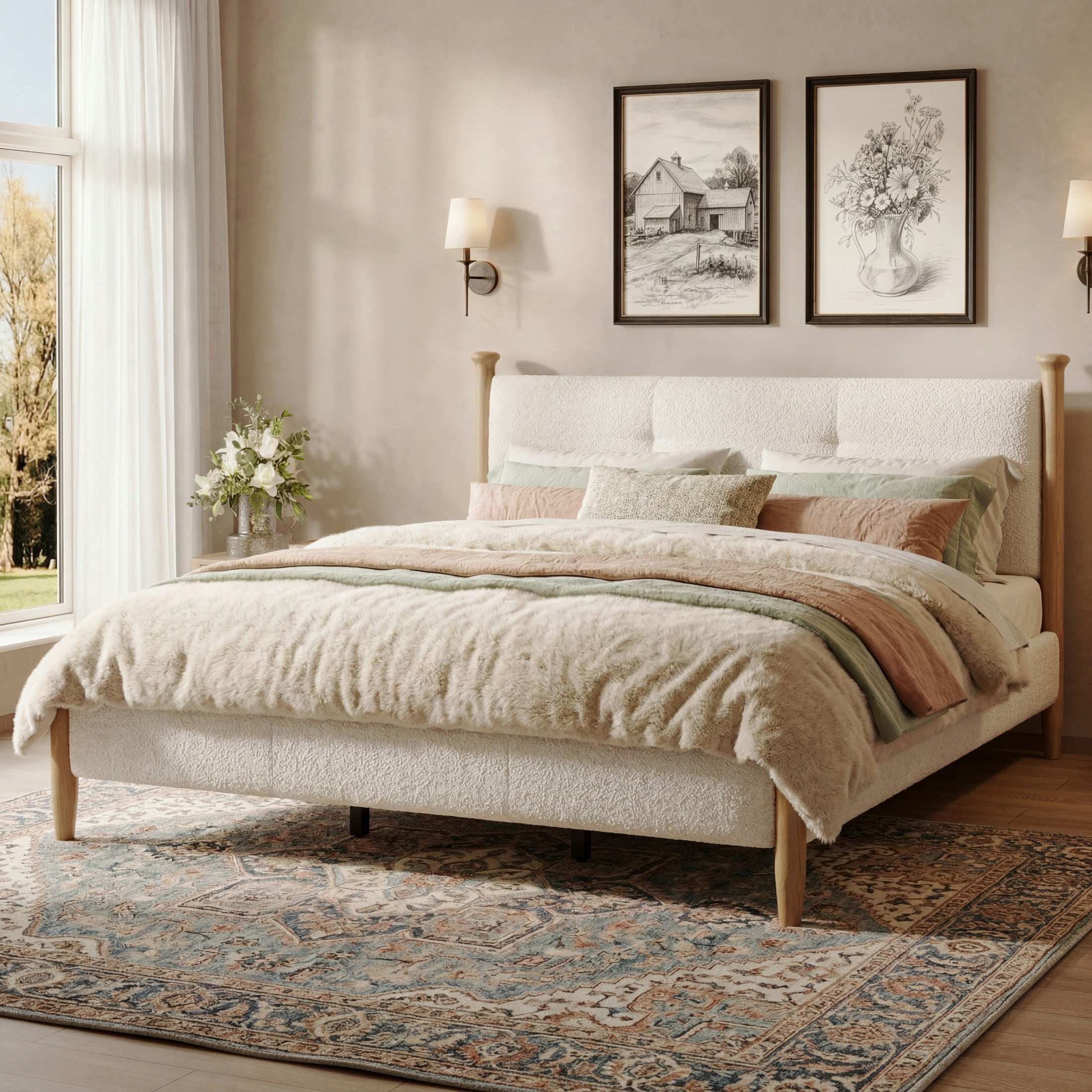Christopher Knight Home King Upholstered Bed Frame with Tufted Headboard, Boucle Fabric, Off White