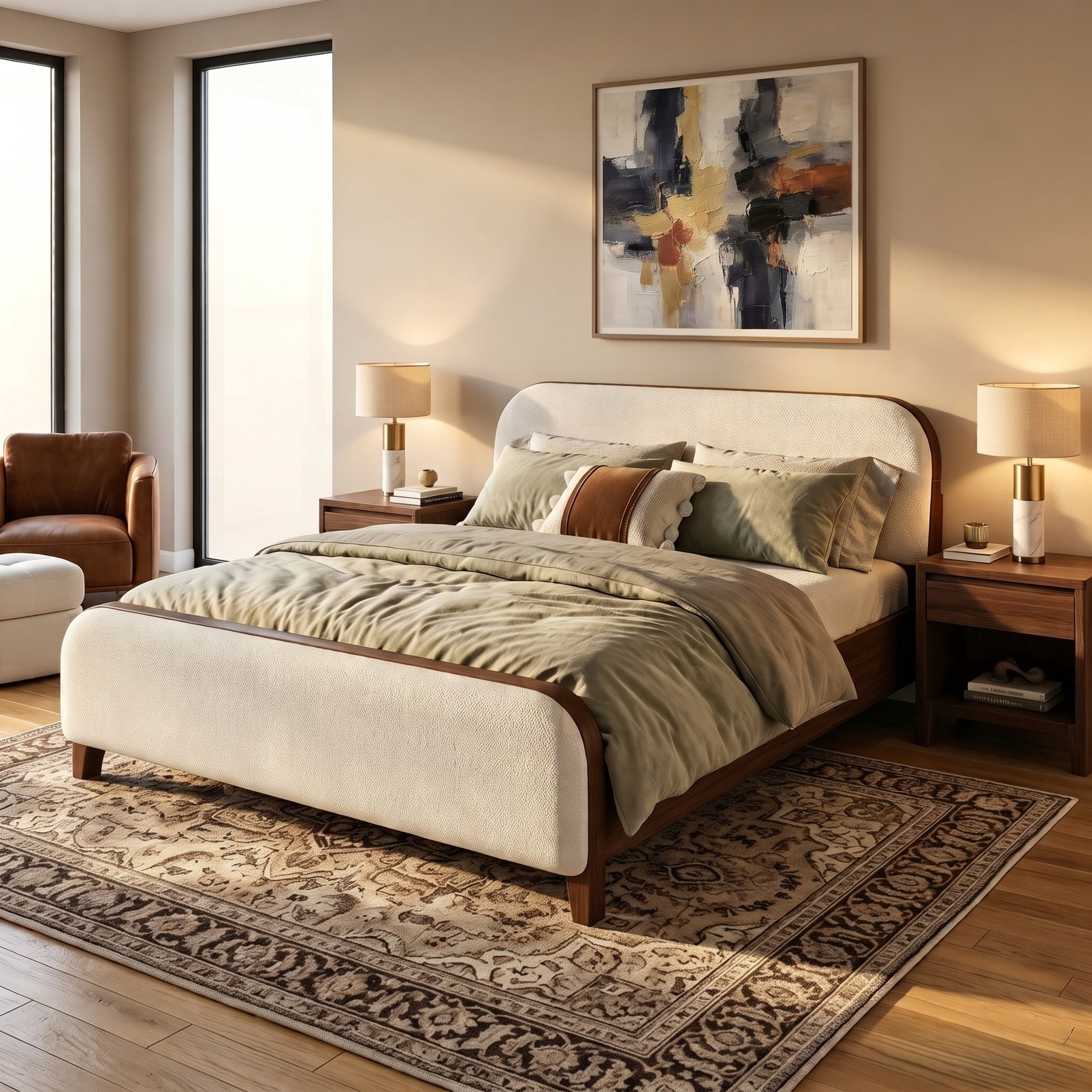 Christopher Knight Home King Upholstered Platform Bed Frame, Rounded Headboard & Footboard, Brown+Off White