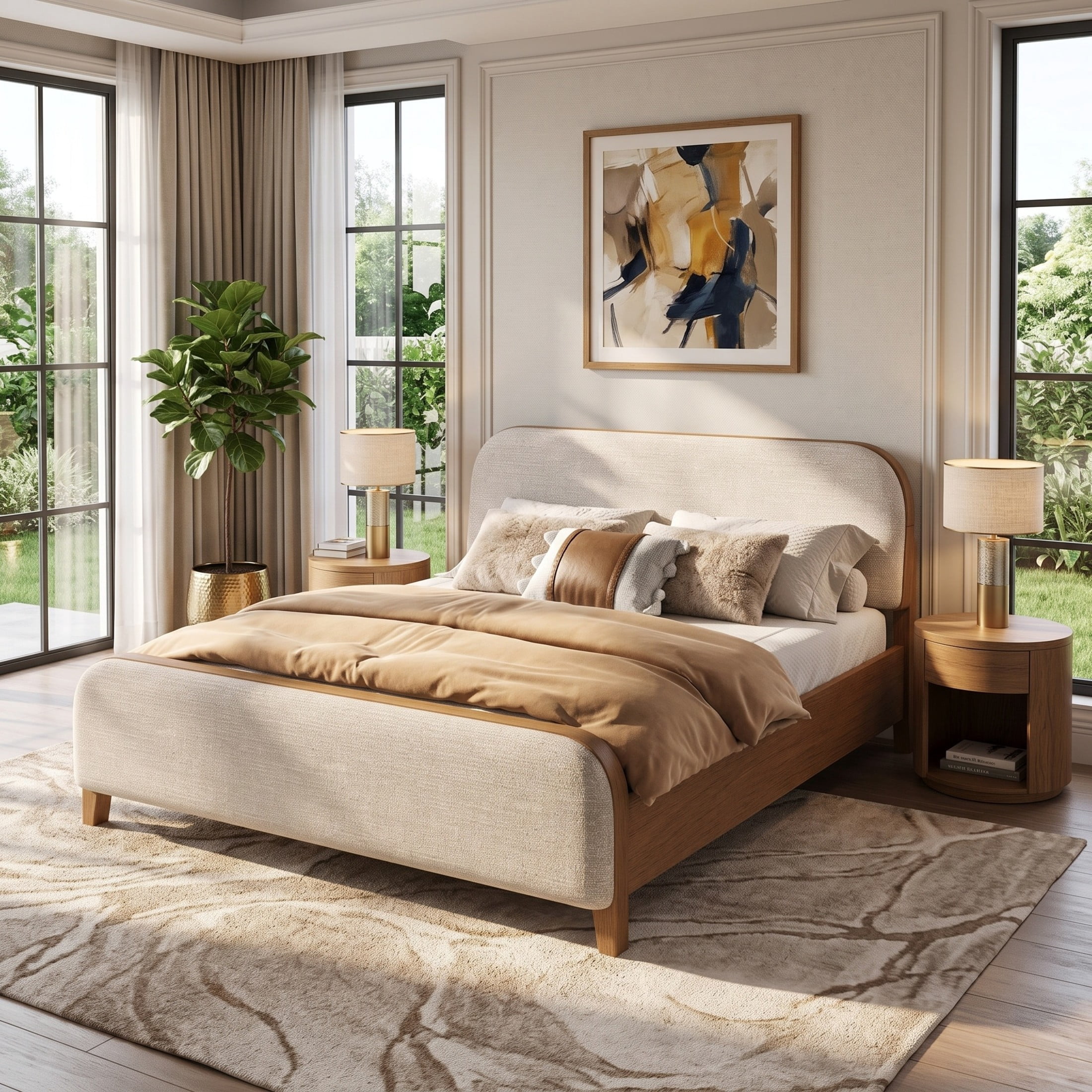 Christopher Knight Home King Upholstered Platform Bed Frame, Rounded Headboard & Footboard, Natural+Taupe