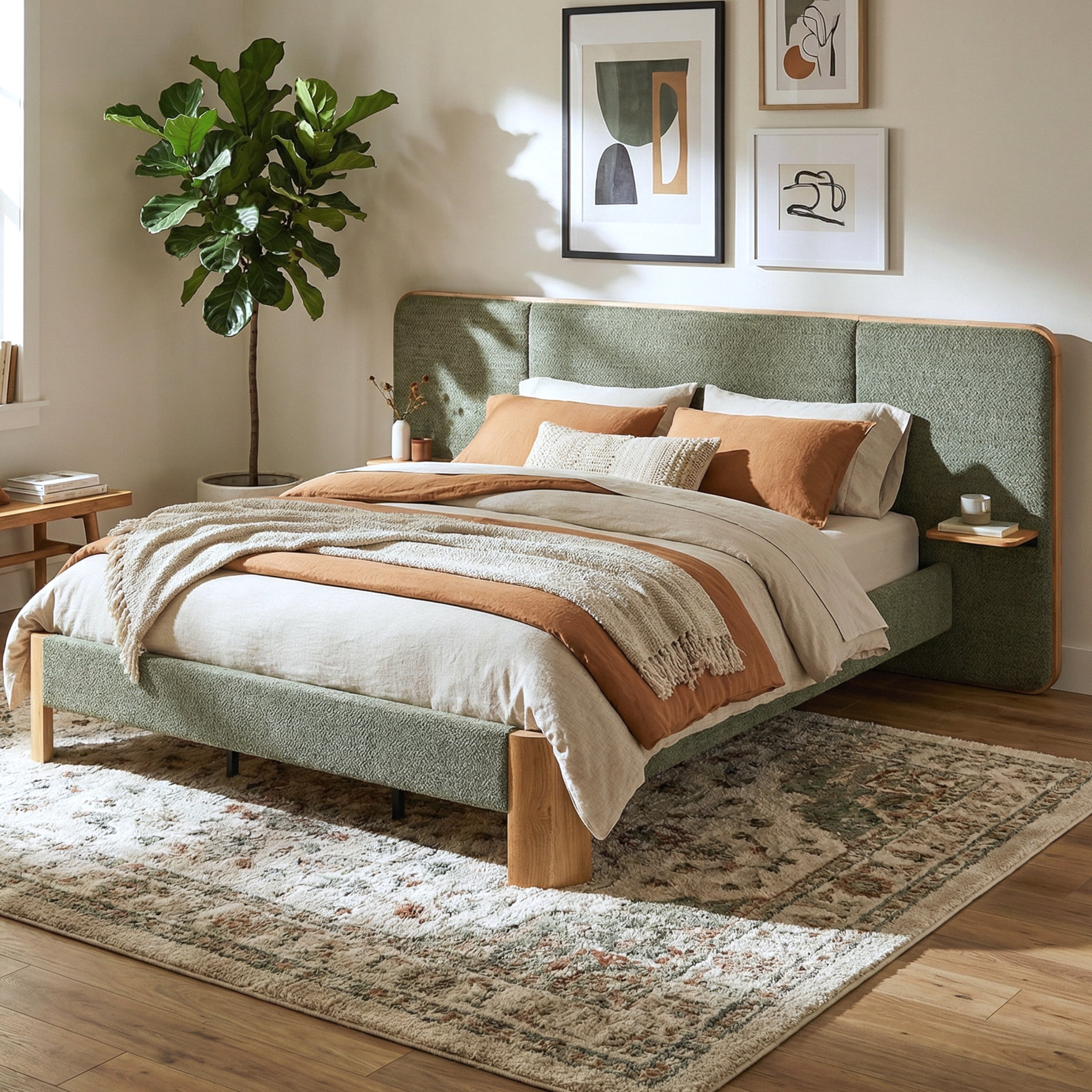 Christopher Knight Home King Upholstered Platform Bed Frame with Floating Shelves, Green and Natural