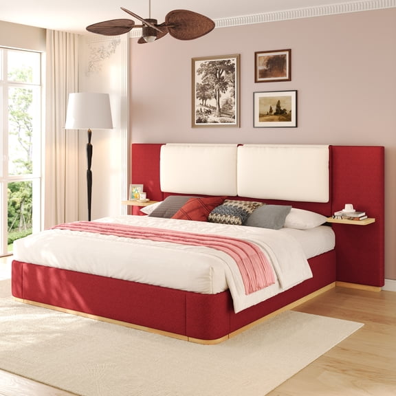 Christopher Knight Home King Upholstered Platform Bed Frame with PU Cushioned Headboard, Red+Beige