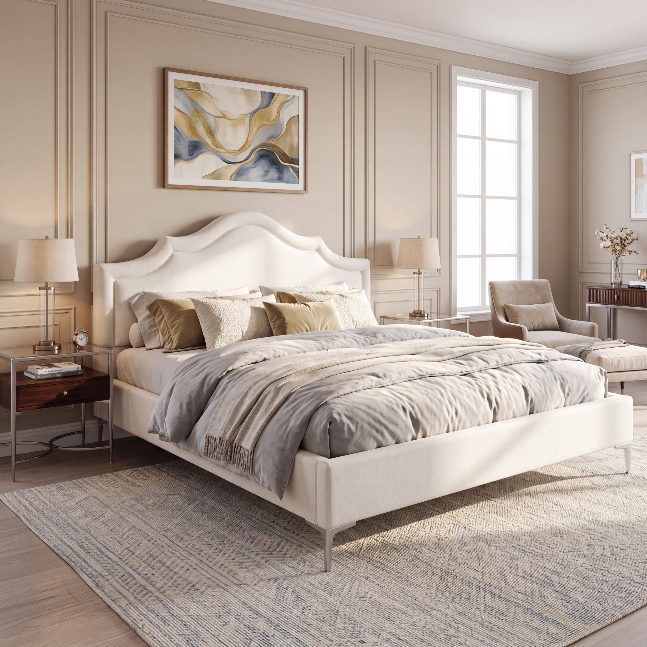Christopher Knight Home King Upholstered Platform Bed with Curved Thick Padded Headboard, Iron Legs, Off White