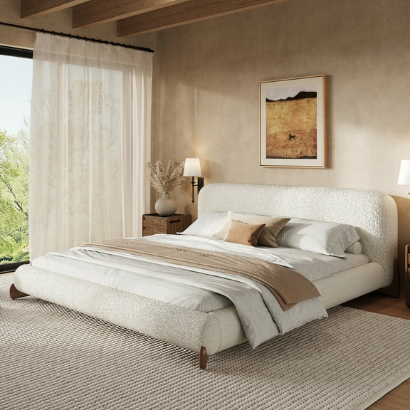 Christopher Knight Home King Upholstered Platform Bed with Thick Curved Headboard, Solid Wood Legs, White