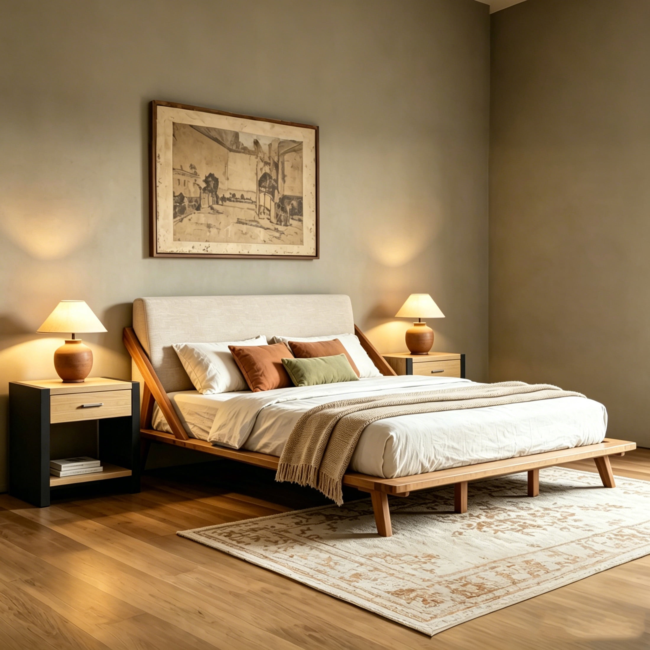 Christopher Knight Home King Upholstered Solid Wood Bed Frame with 2 Nightstands Set, Natural+Black