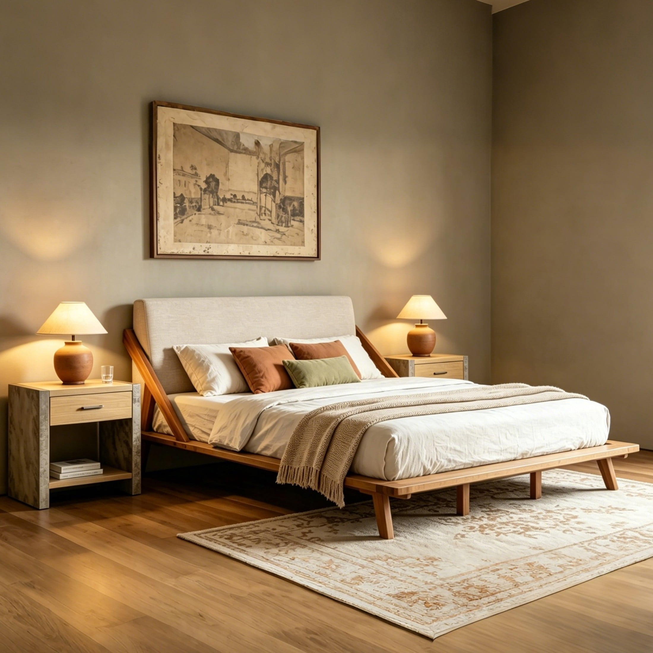 Christopher Knight Home King Upholstered Solid Wood Bed Frame with 2 Nightstands Set, Natural+Gray
