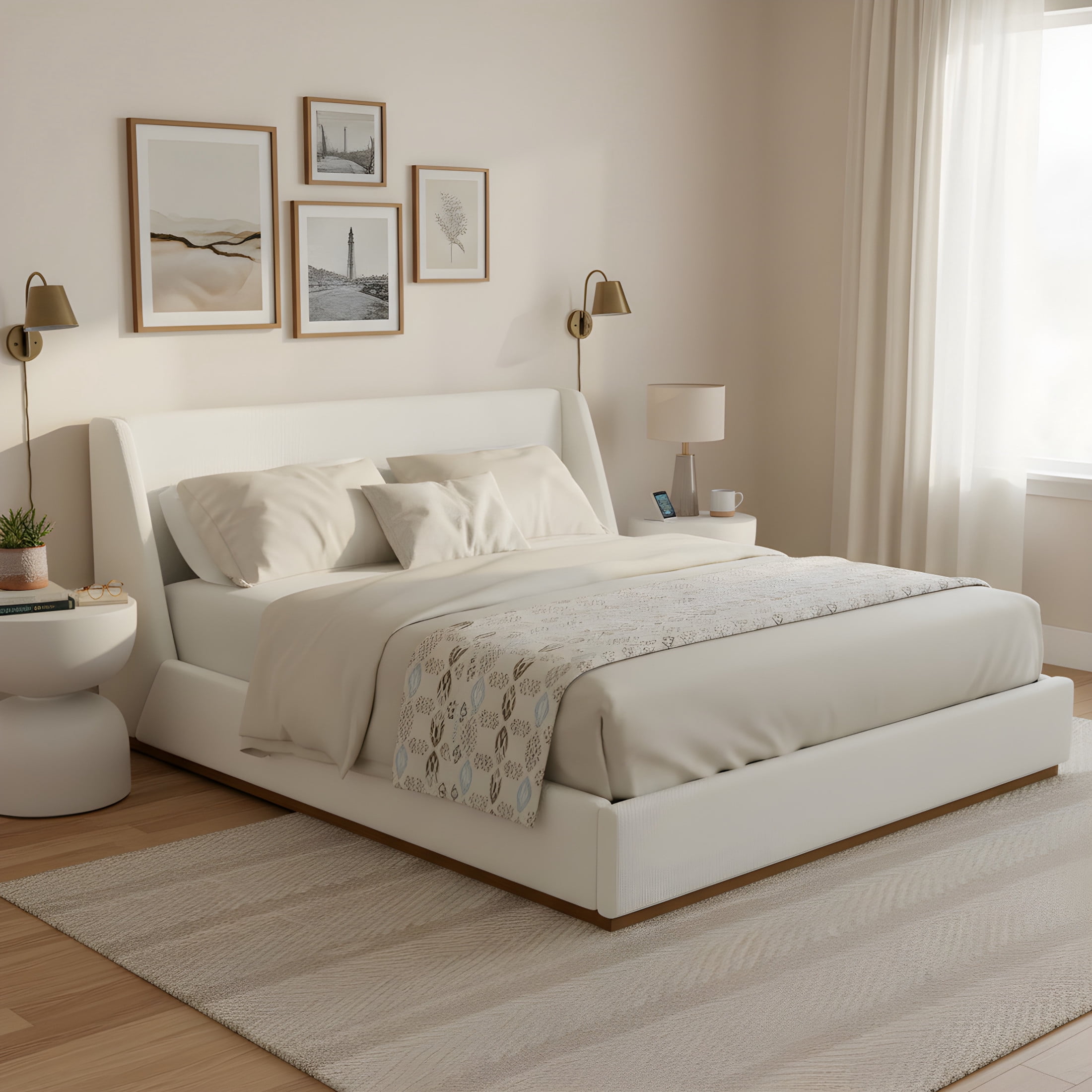 Christopher Knight Home King Upholstered Wingback Bed Frame, Rubberwood Base, White