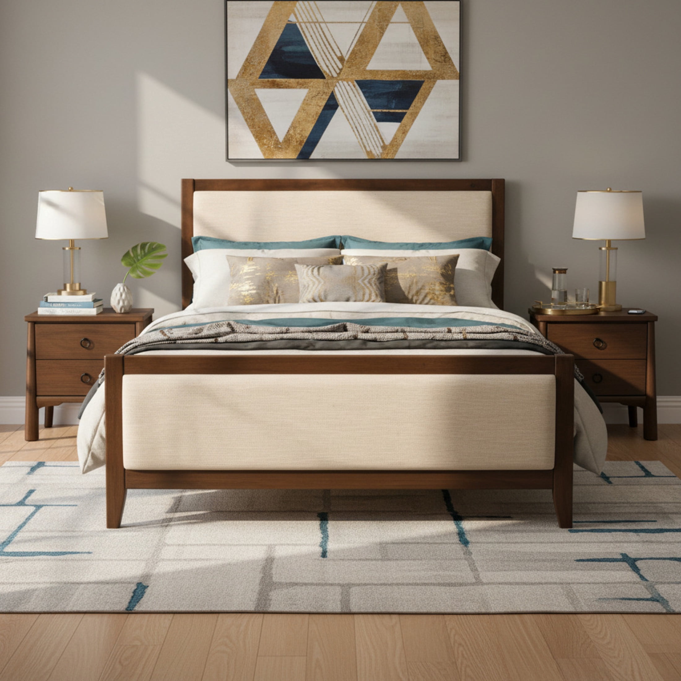 Christopher Knight Home King Upholstered Wooden Bed Frame with 2 Nightstands, Light Brown+Beige