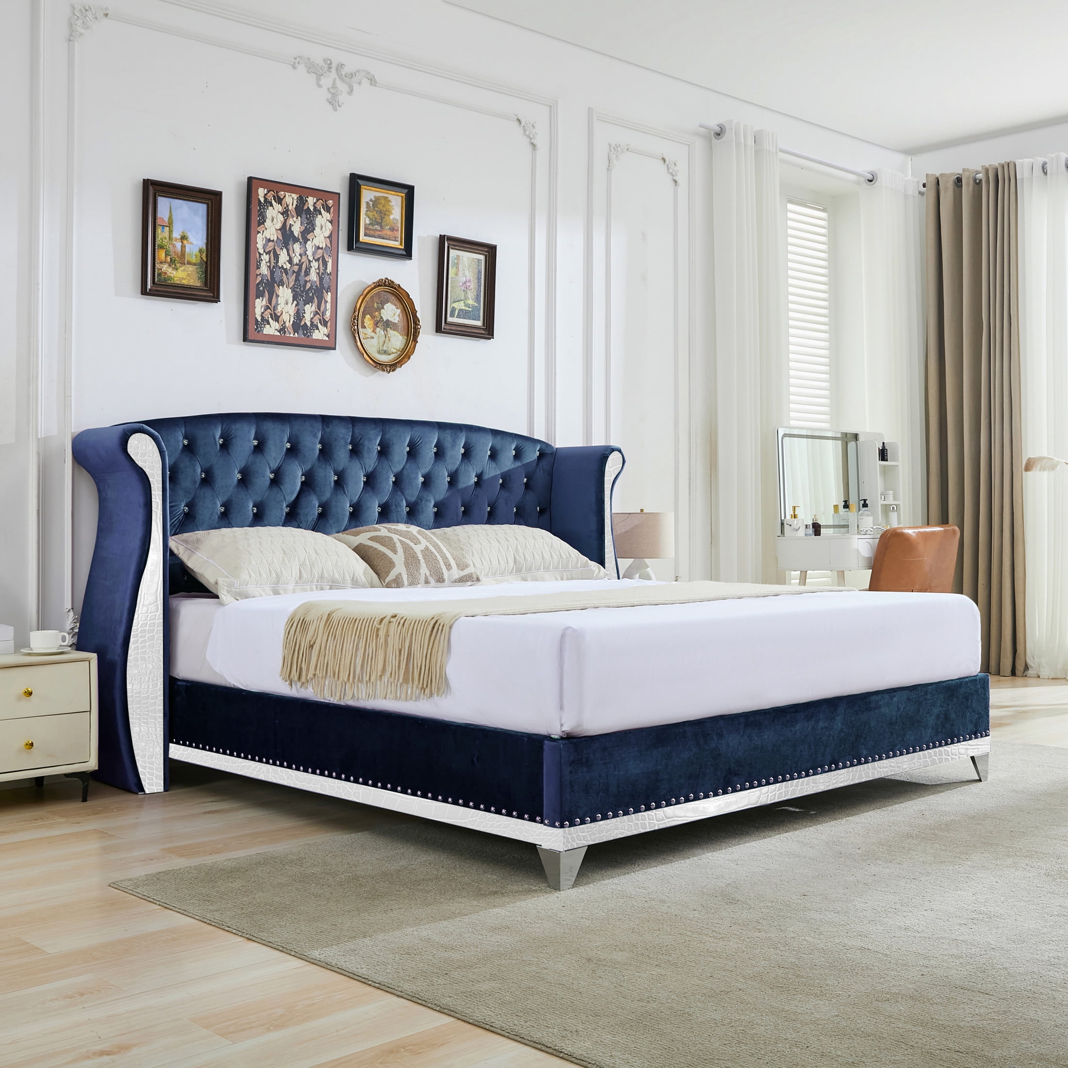 Christopher Knight Home King Velvet Platform Bed Frame with Nailhead Trim, Button-Tufted Wingback Headboard, Blue