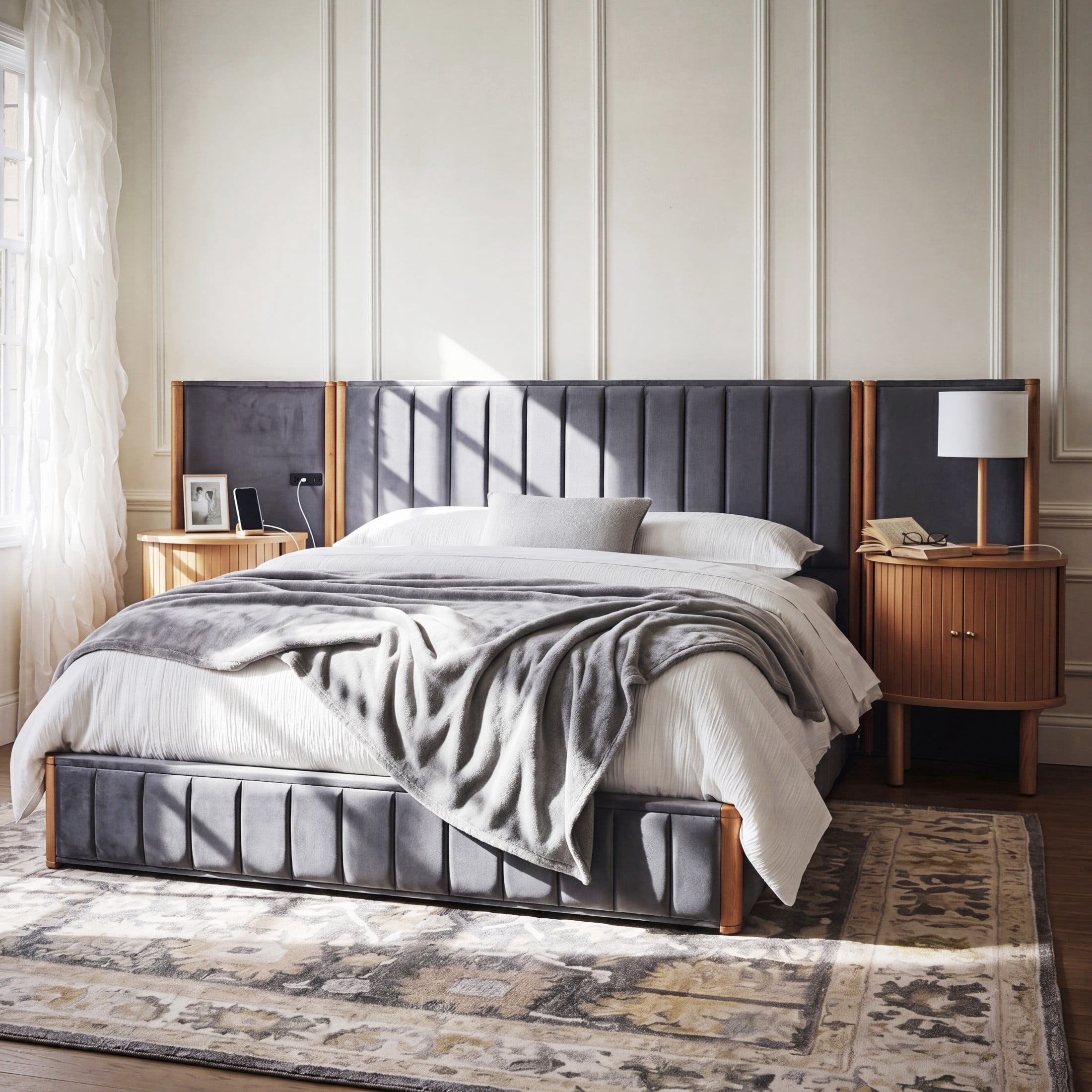 Christopher Knight Home King Velvet Upholstered Bed Frame, Wingback Headboard with Charging Ports, Natural+Gray