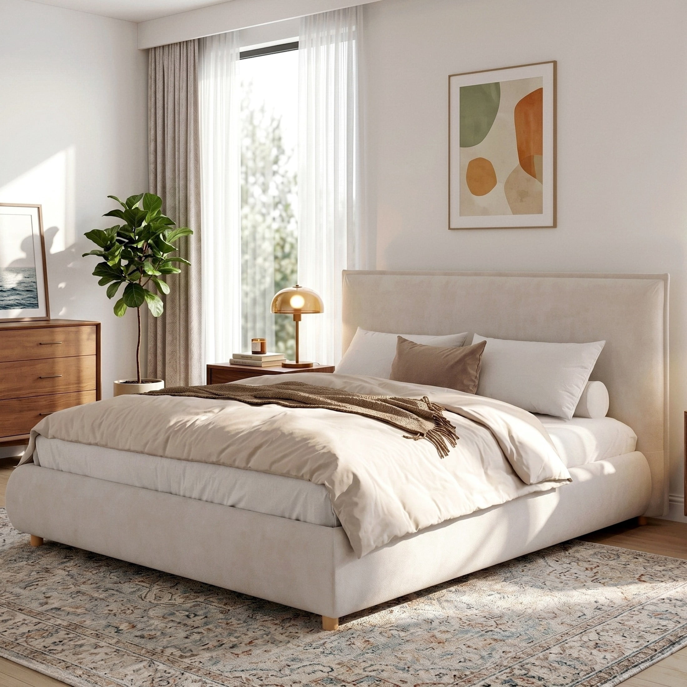 Christopher Knight Home King Velvet Upholstered Platform Bed with Thick Padded Headboard, Cream Beige