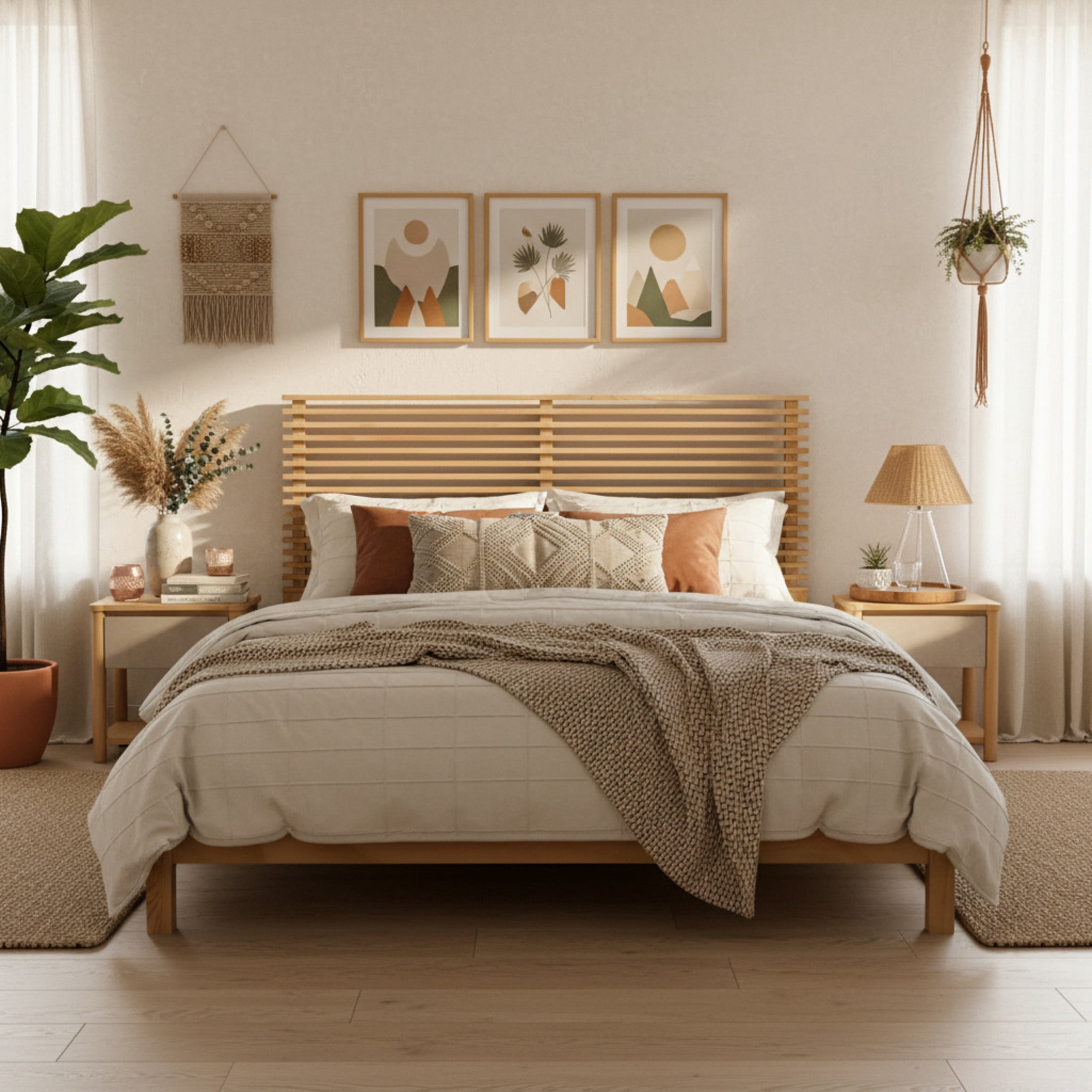 Christopher Knight Home King Wood Bed Frame with 2 Nightstands, Slatted Headboard Design, Natural
