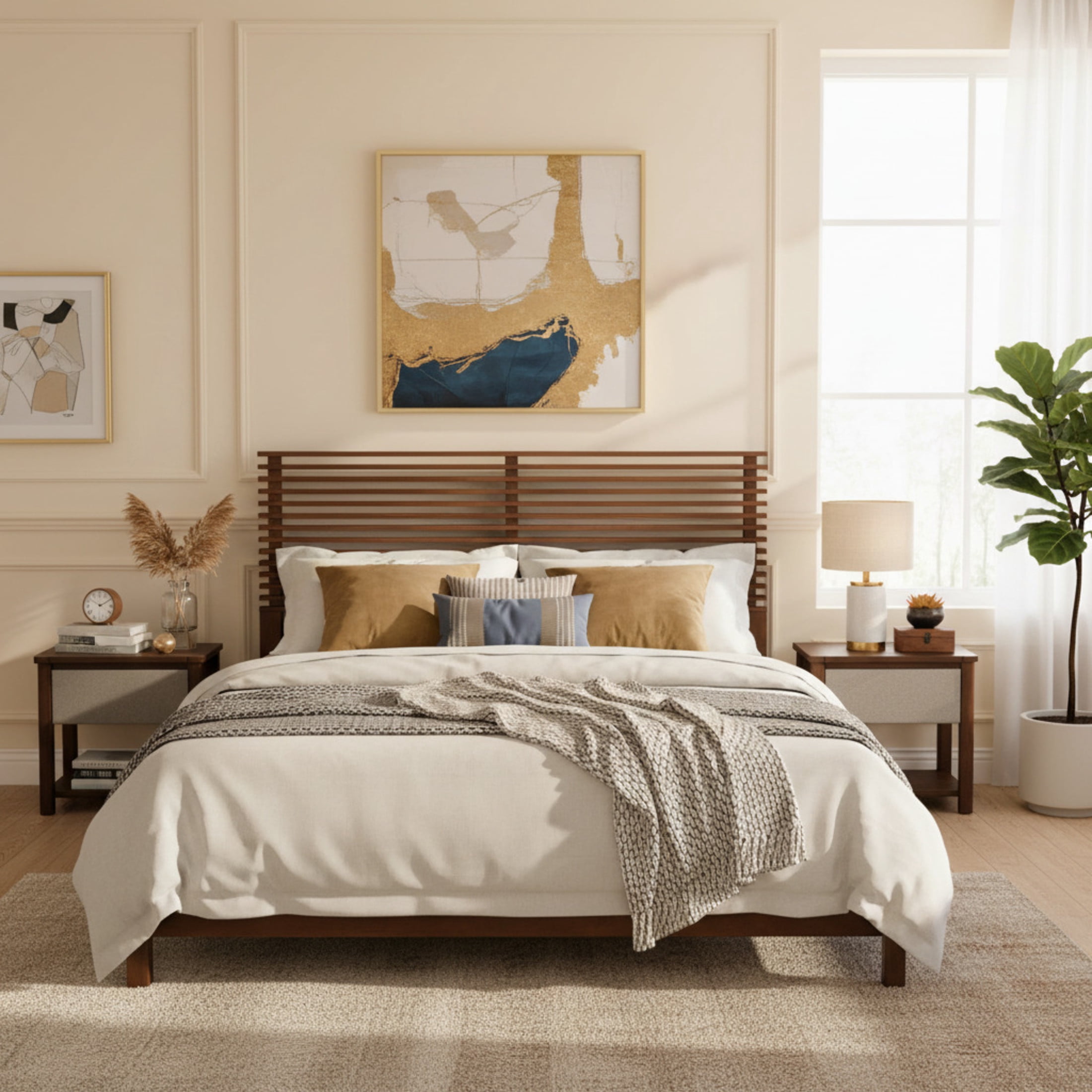 Christopher Knight Home King Wood Bed Frame with 2 Nightstands, Slatted Headboard Design, Walnut