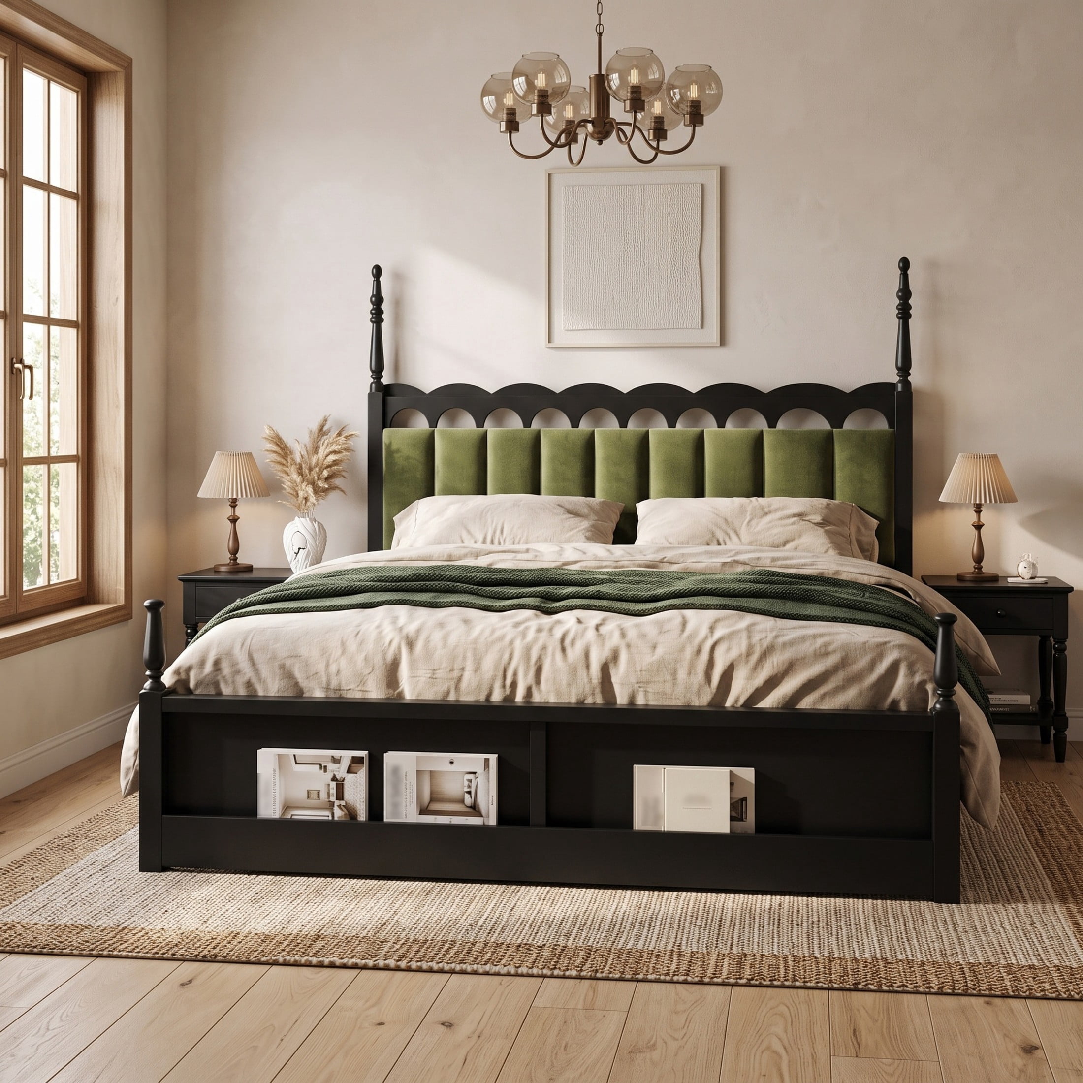 Christopher Knight Home King Wood Bed Frame with Scalloped Tufted Chenille Headboard, Black+Green