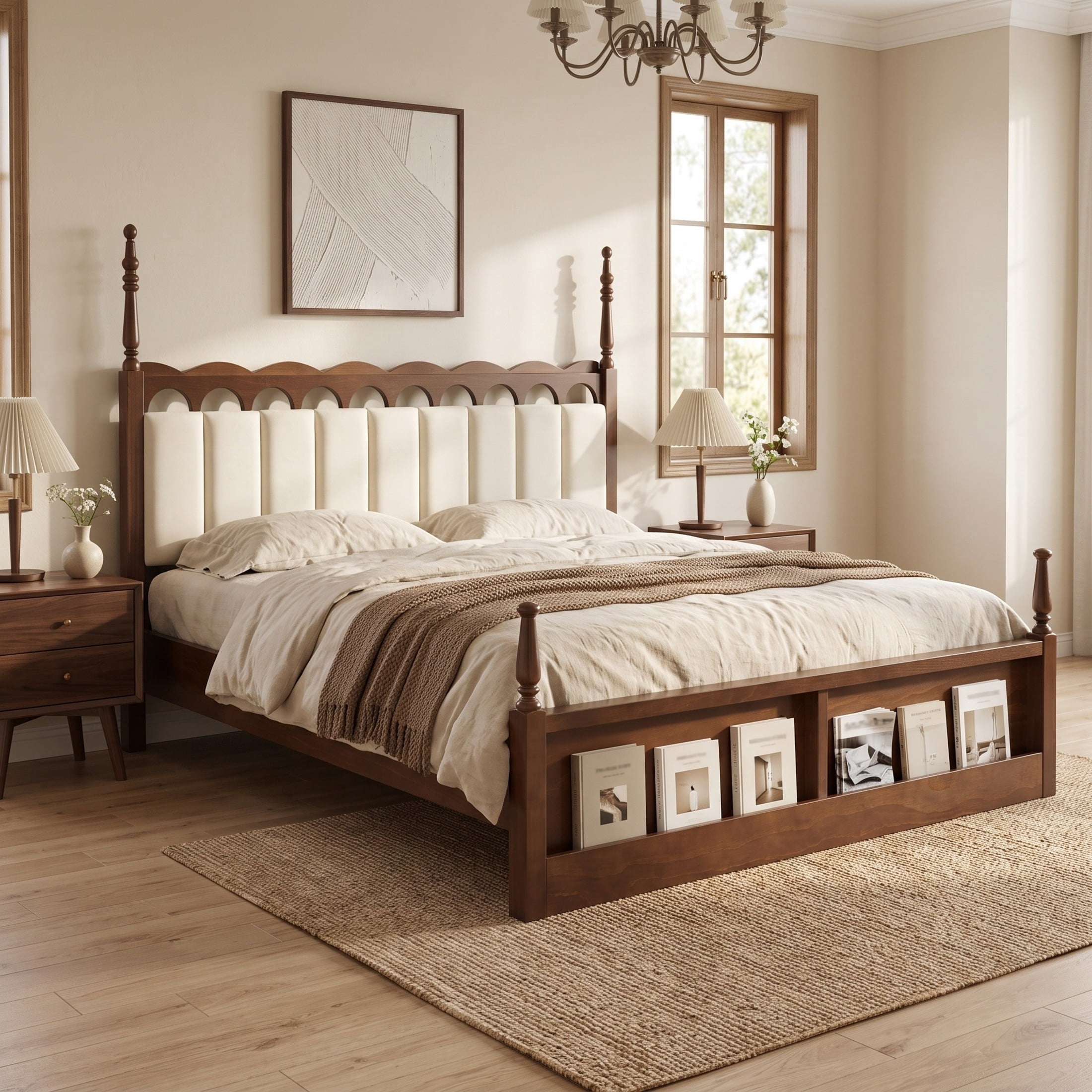 Christopher Knight Home King Wood Bed Frame with Scalloped Tufted Chenille Headboard, Brown+Beige