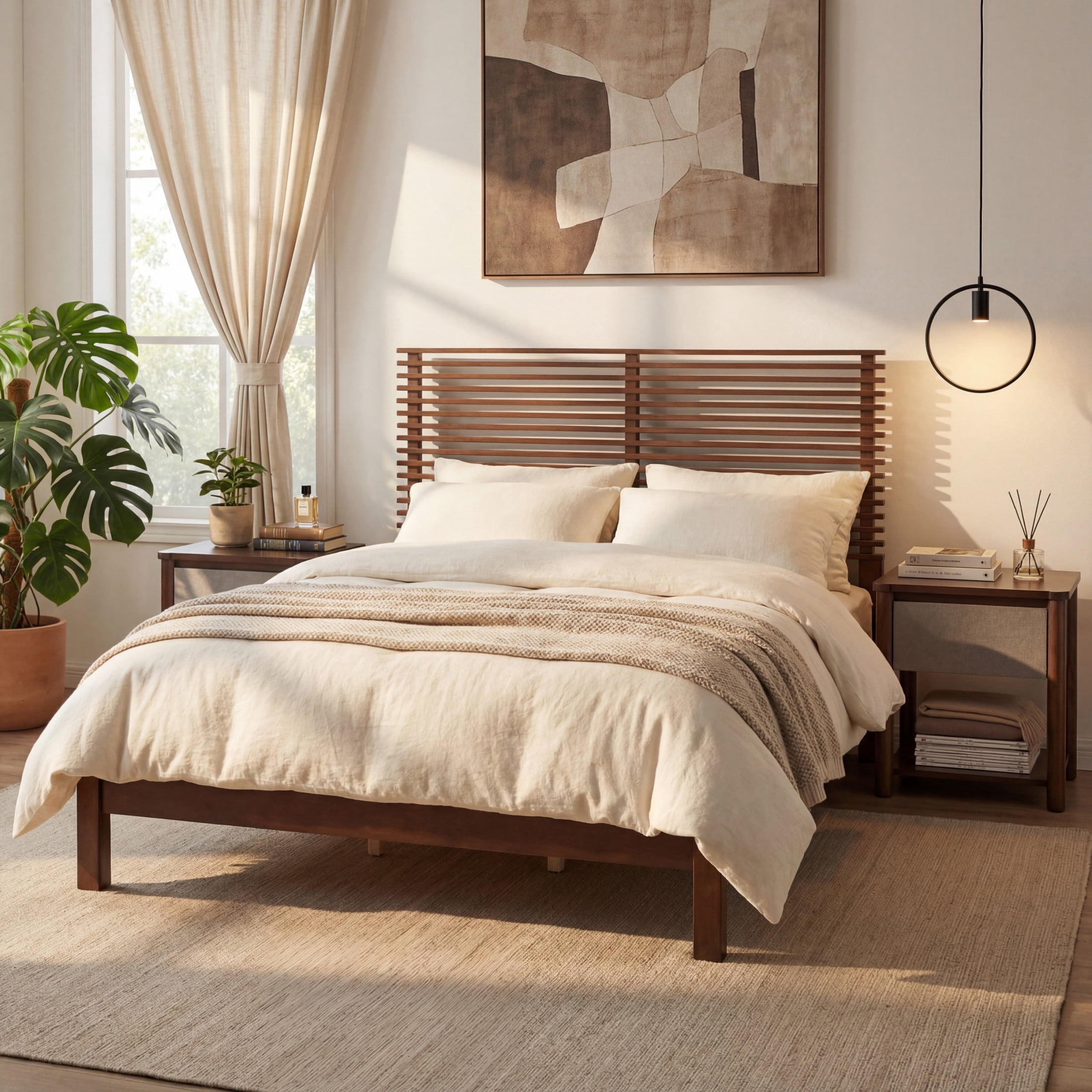 Christopher Knight Home King Wood Bed Frame with Slatted Headboard, Walnut Finish