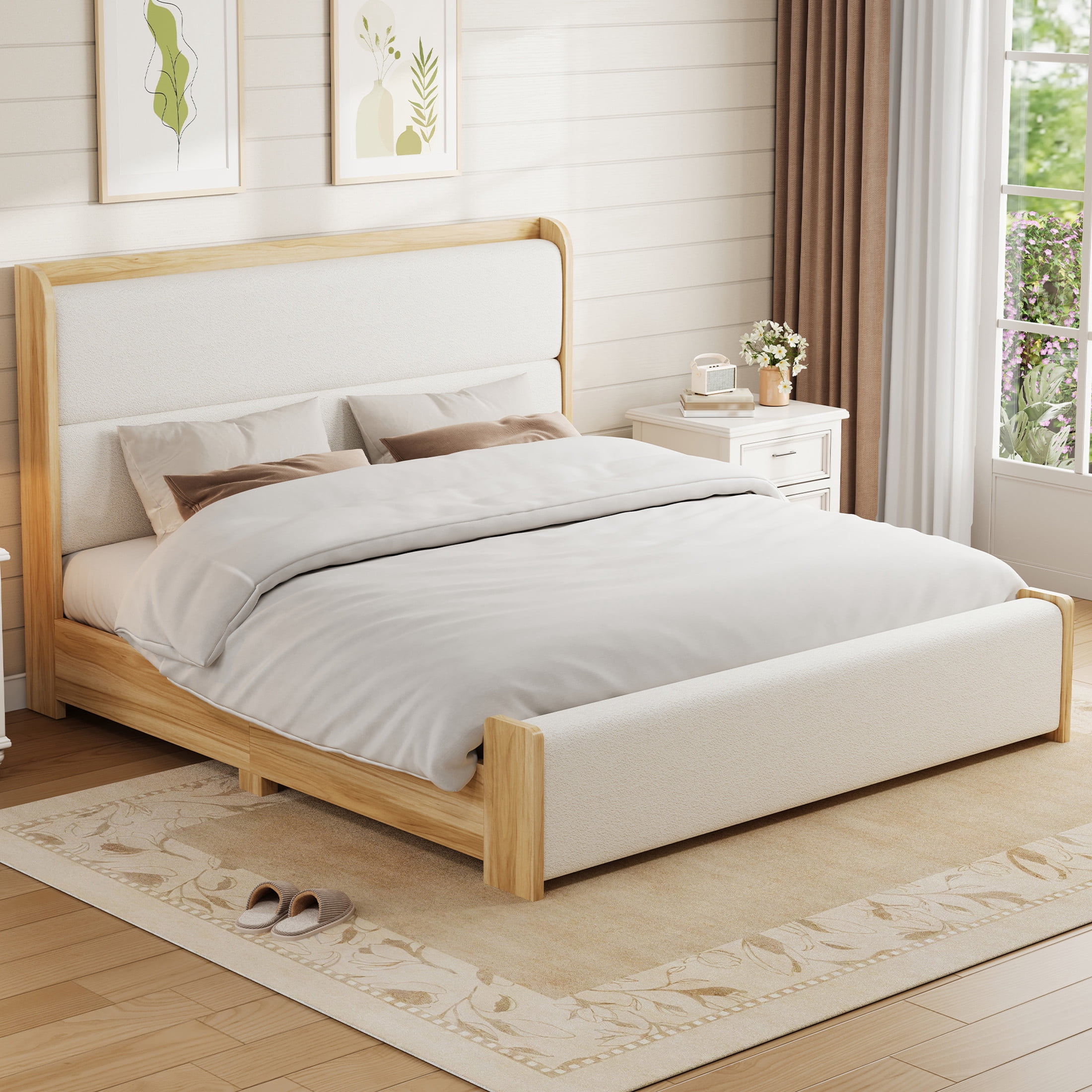 Christopher Knight Home King Wood Platform Bed with Boucle Upholstered Headboard and Footboard, Natural