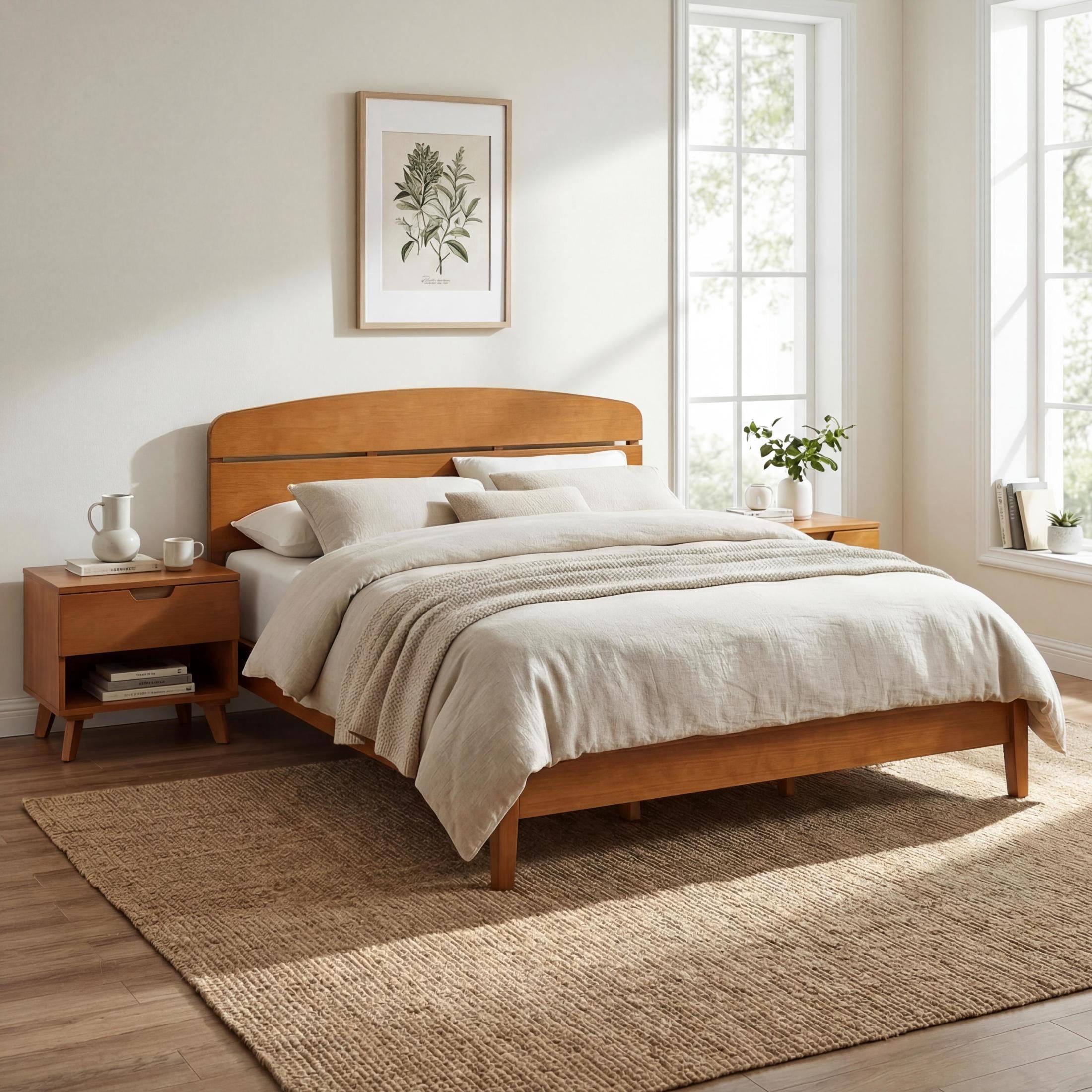 Christopher Knight Home King Wood Platform Bed with Curved Headboard and 2 Nightstands, Light Brown