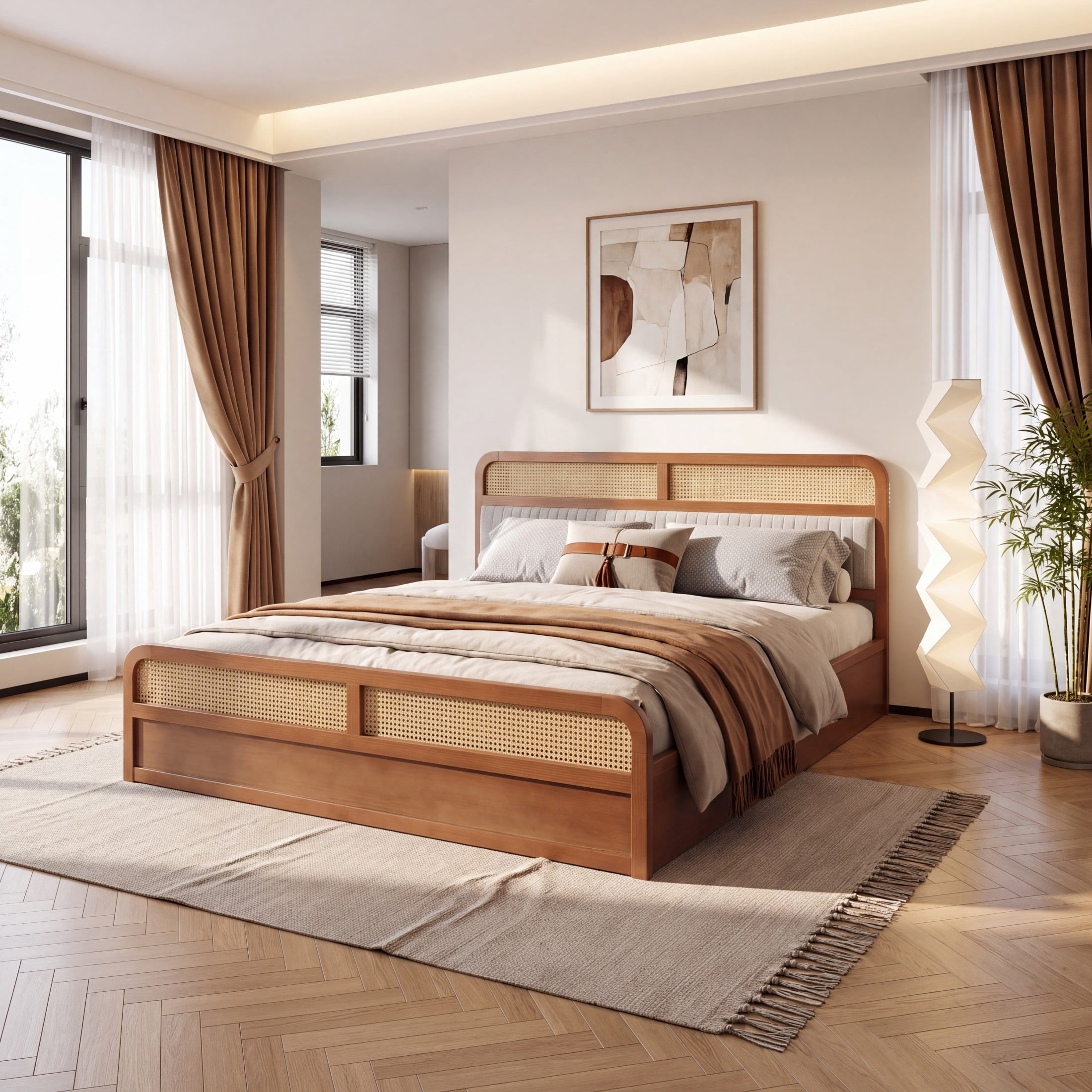 Christopher Knight Home King Wood Platform Bed with Rattan & Gray Upholstered Headboard, Brown Finish