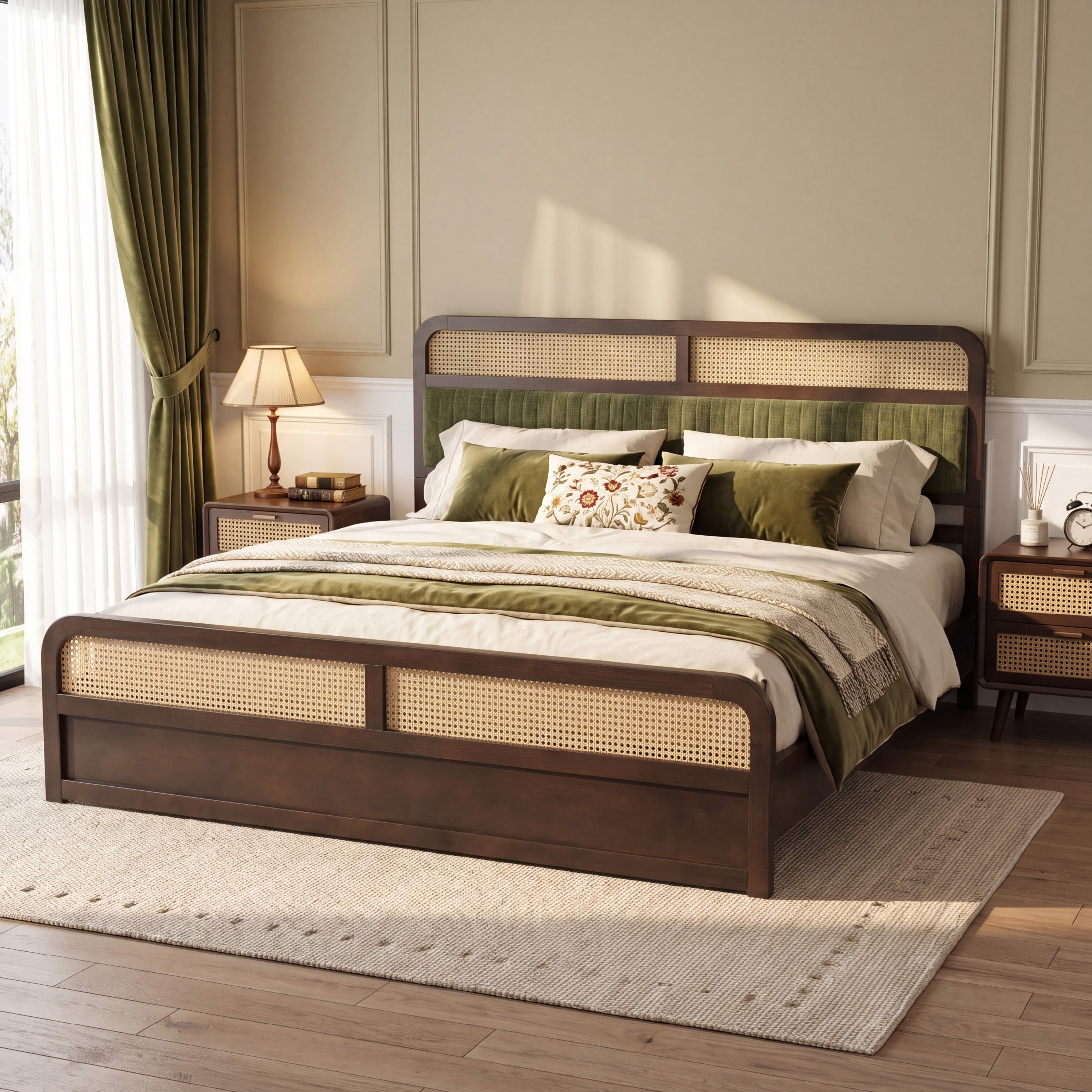 Christopher Knight Home King Wood Platform Bed with Rattan & Green Upholstered Headboard, Walnut Finish