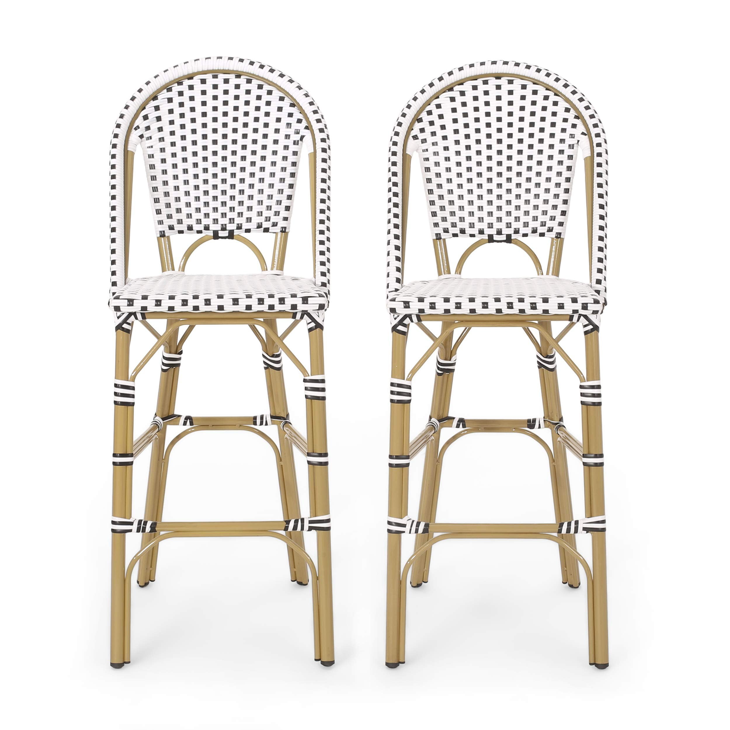Kinner Black and White Wicker Outdoor Barstools with Bamboo Finish, Set of 2