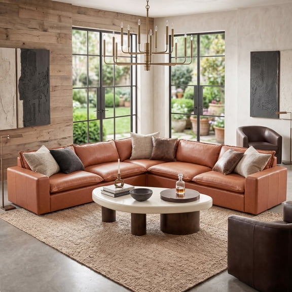 Christopher Knight Home L-Shaped Leather Sectional Sofa, 5 Seats with Removable Cushion Back, Brown