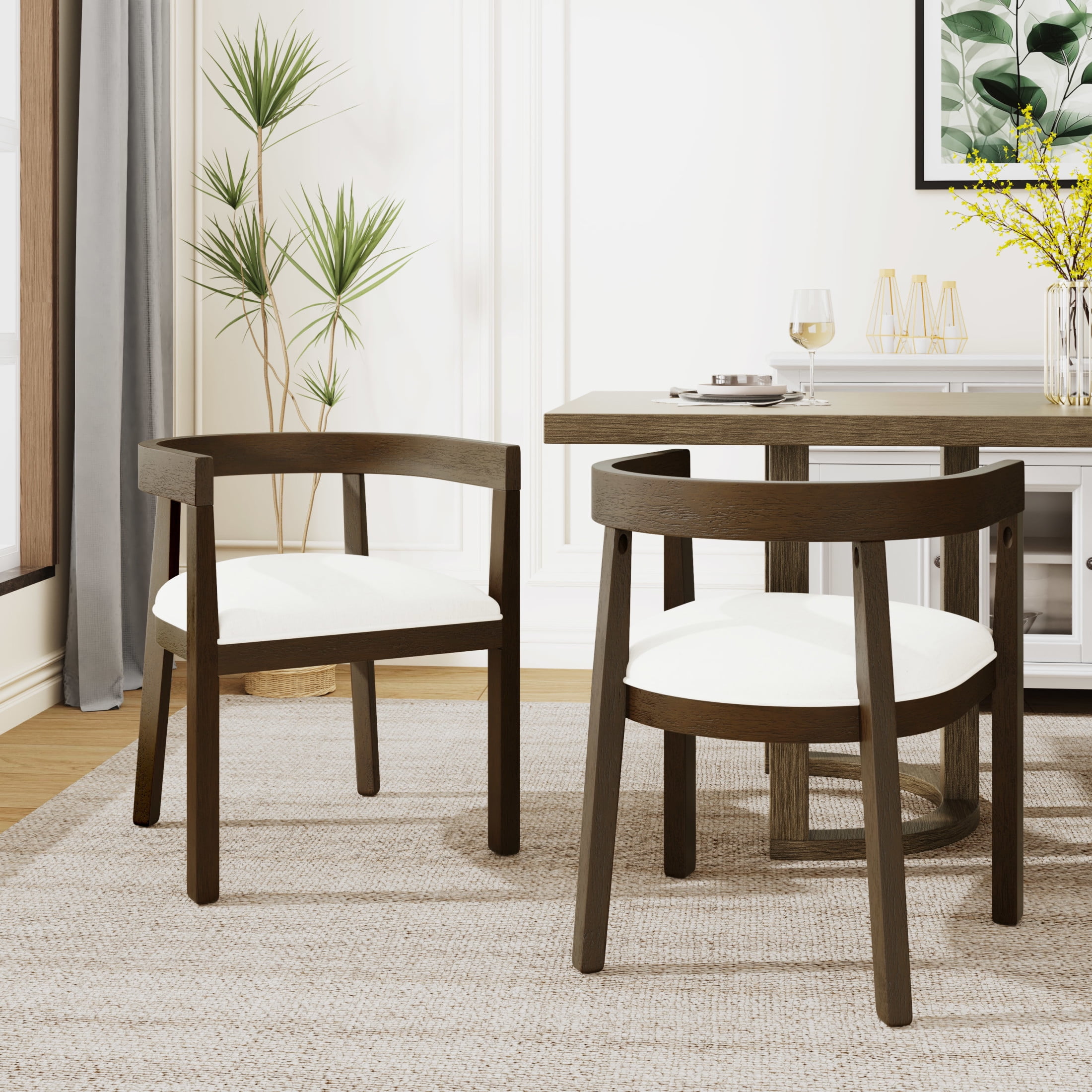 Beige Upholstered Wood Dining Chairs with Open-Back Design, Set of 2