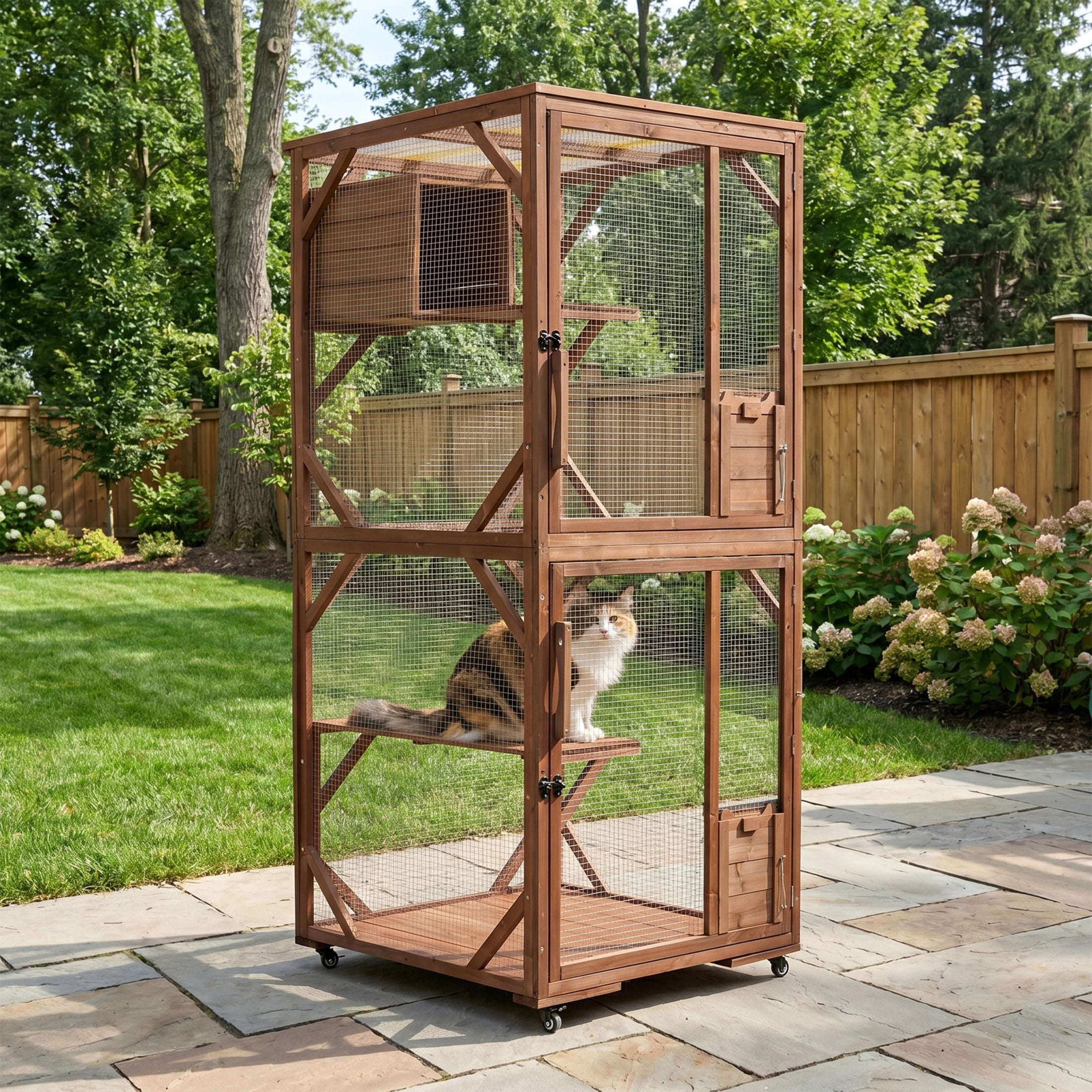 Christopher Knight Home Large 2-Tier Outdoor Cat Enclosure, Solid Fir Wood Cat Cage with Wheels, Dark Brown