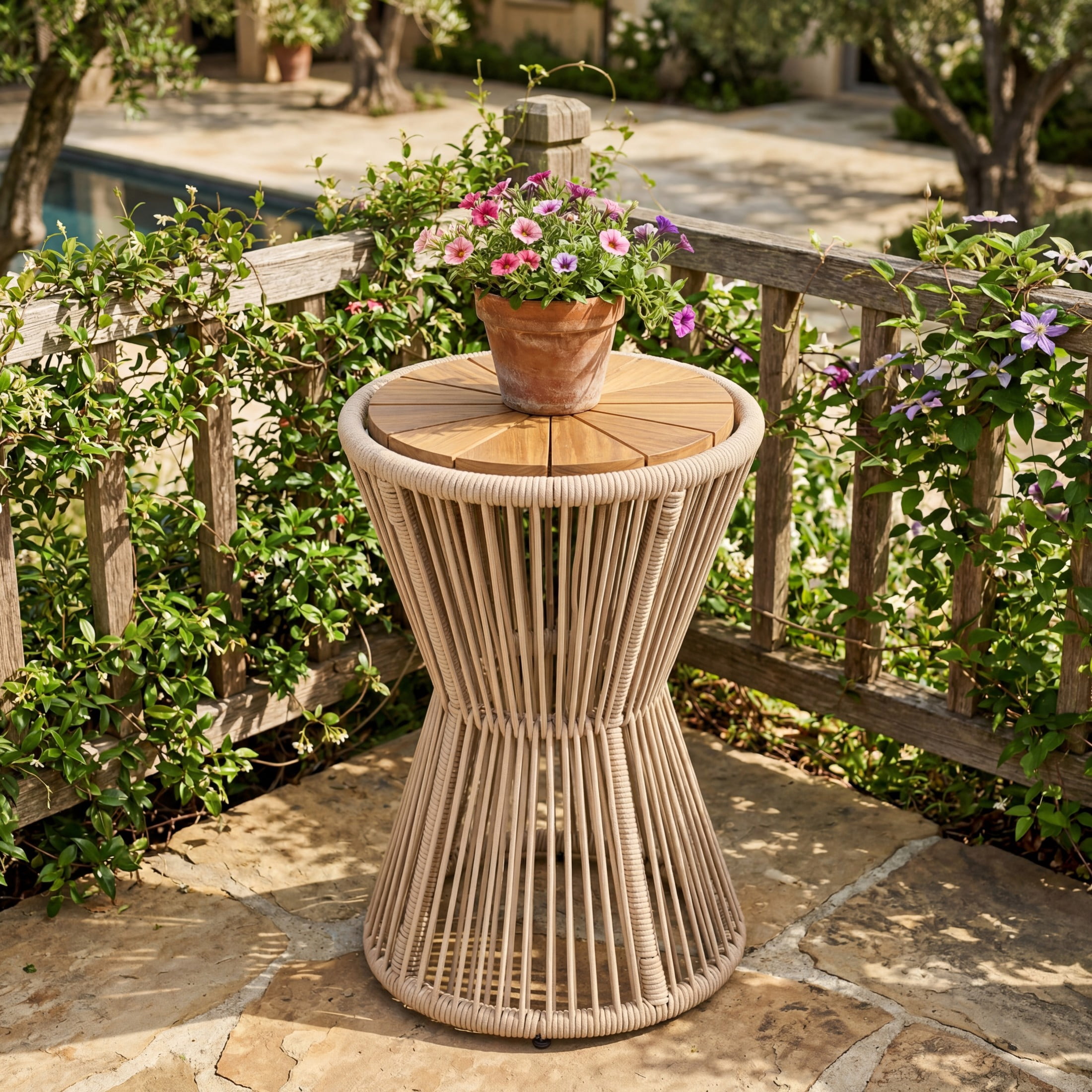 Christopher Knight Home Large Outdoor Side Table, Woven Rope Patio End Table, Beige + Light Teak