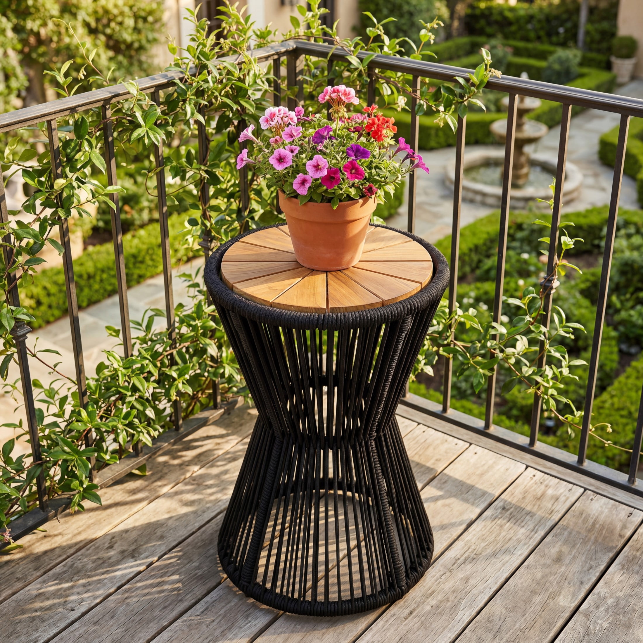 Christopher Knight Home Large Outdoor Side Table, Woven Rope Patio End Table, Black + Teak