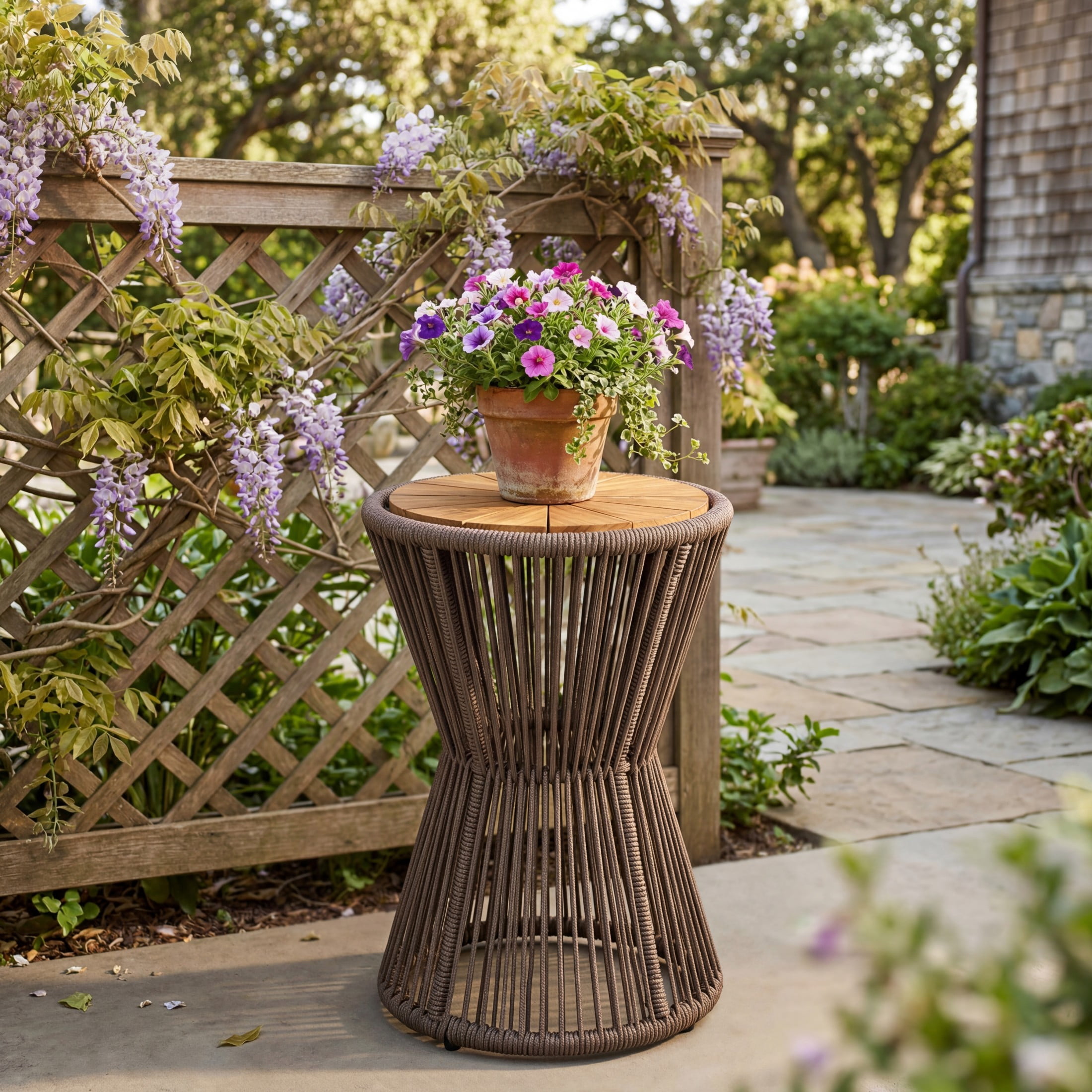 Christopher Knight Home Large Outdoor Side Table, Woven Rope Patio End Table, Dark Gray + Teak