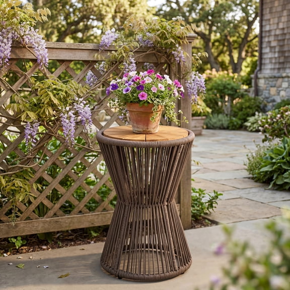Christopher Knight Home Large Outdoor Side Table, Woven Rope Patio End Table, Dark Gray + Teak