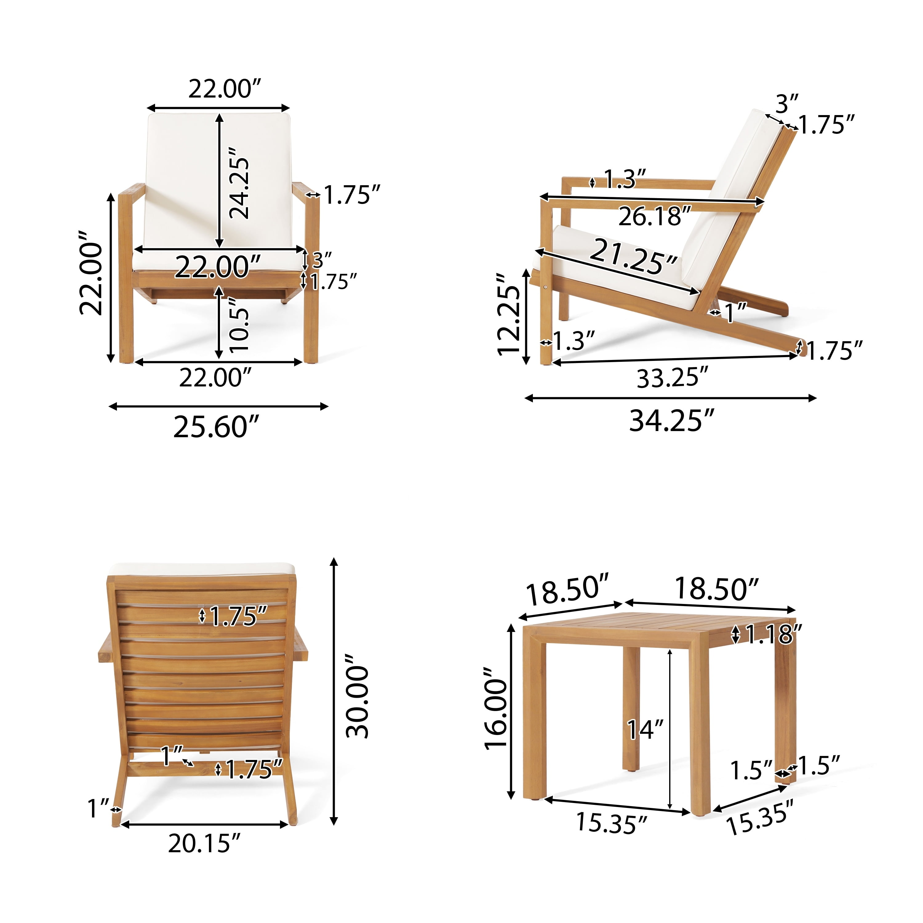 Teak and Cream Acacia Wood Outdoor Chat Set with Cushions
